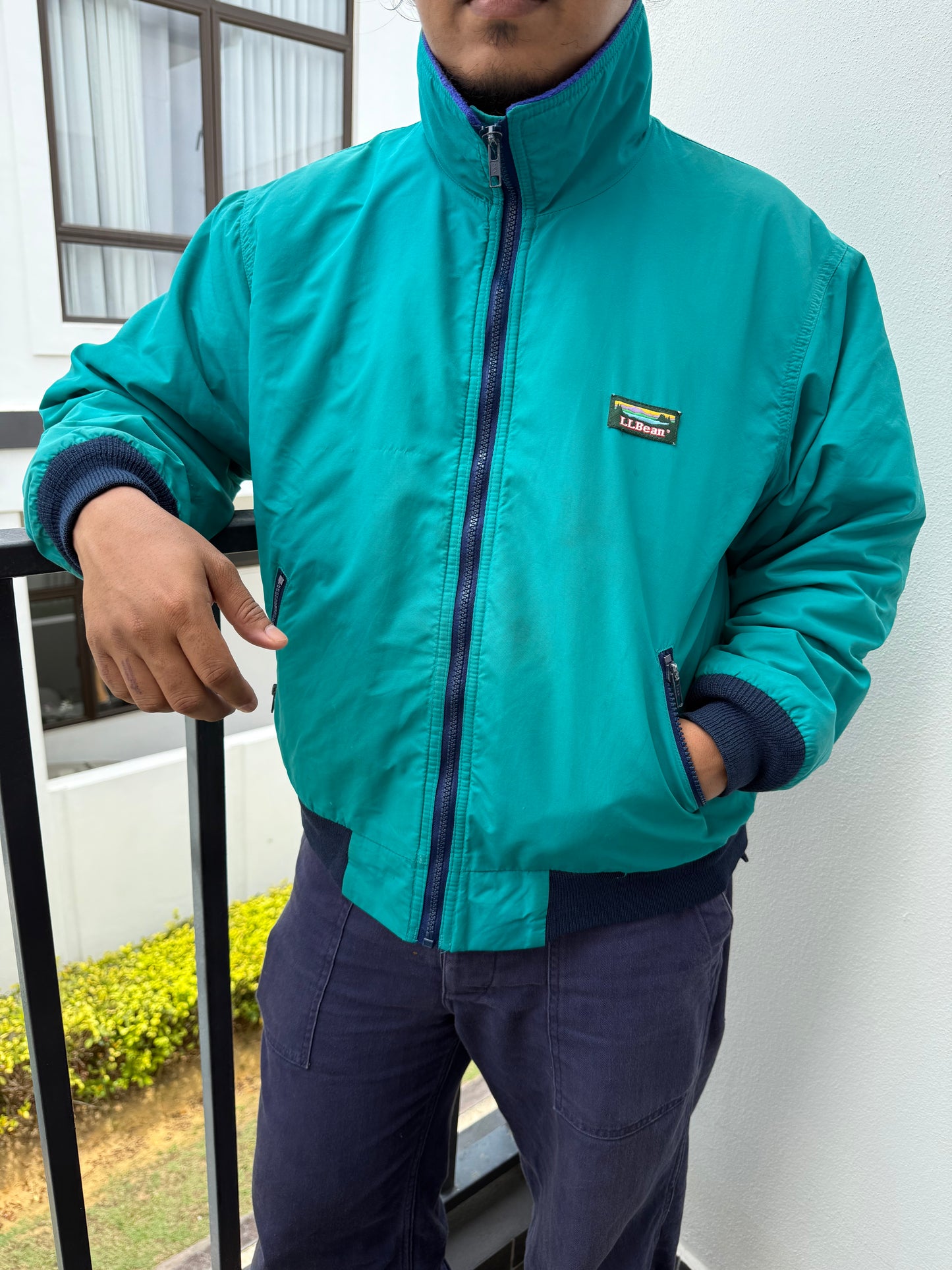 Vintage L.L.Bean Warm-Up Jacket – Made in USA Teal Nylon with Blue Fleece Lining