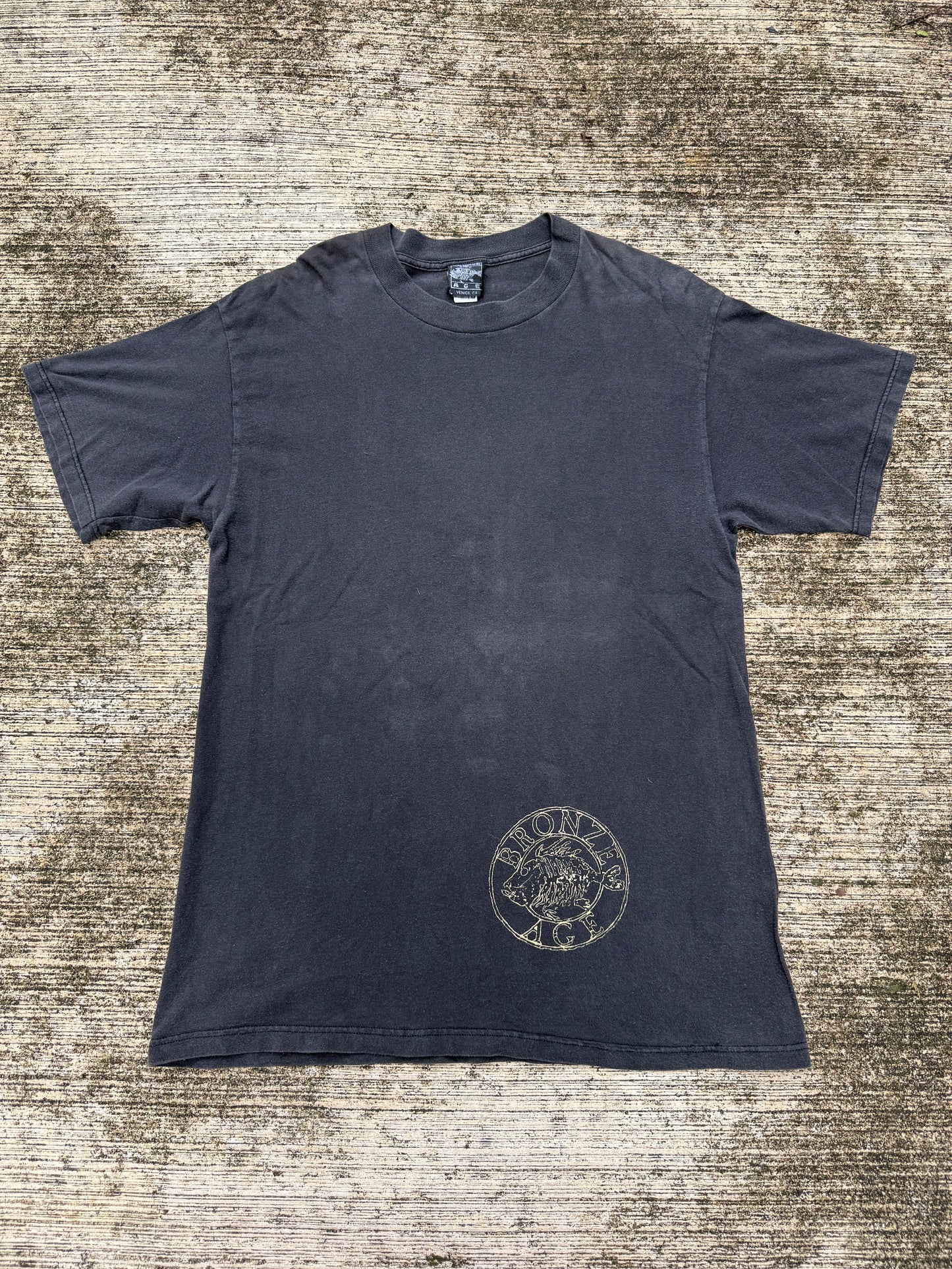 Vintage Bronze Age Surf Skate T-Shirt Black Fish Skeleton Logo Made in USA