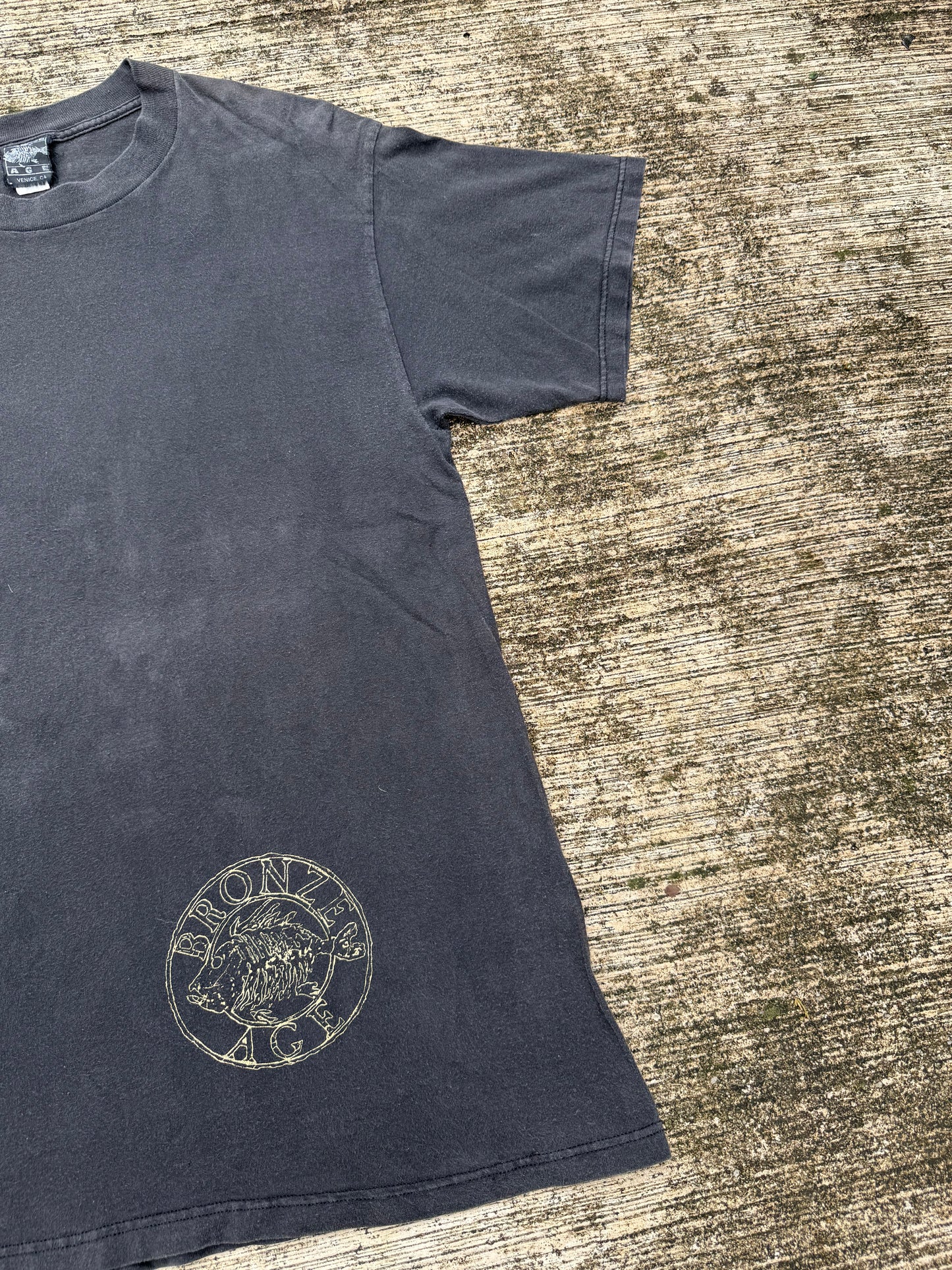 Vintage Bronze Age Surf Skate T-Shirt Black Fish Skeleton Logo Made in USA