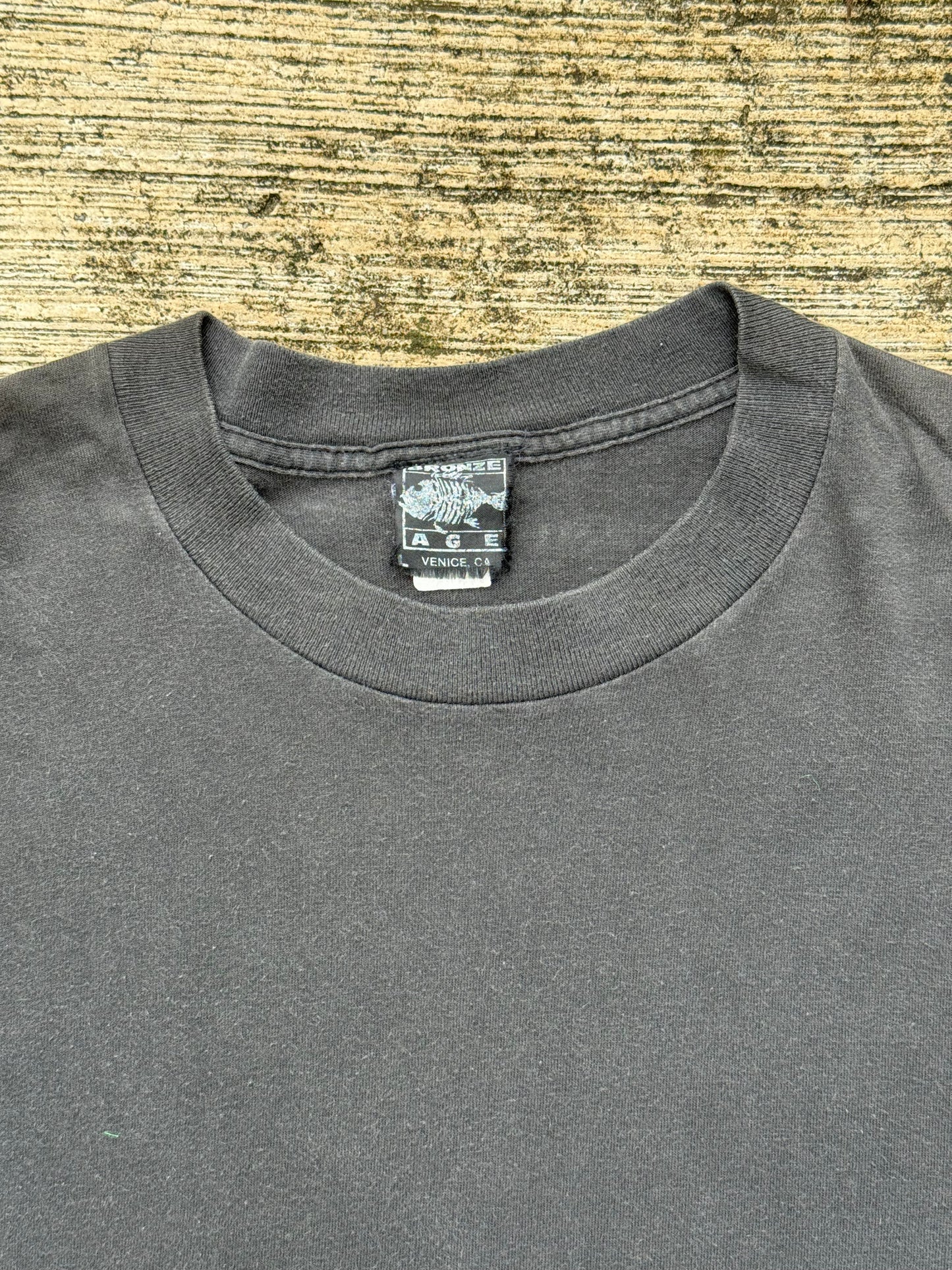 Vintage Bronze Age Surf Skate T-Shirt Black Fish Skeleton Logo Made in USA