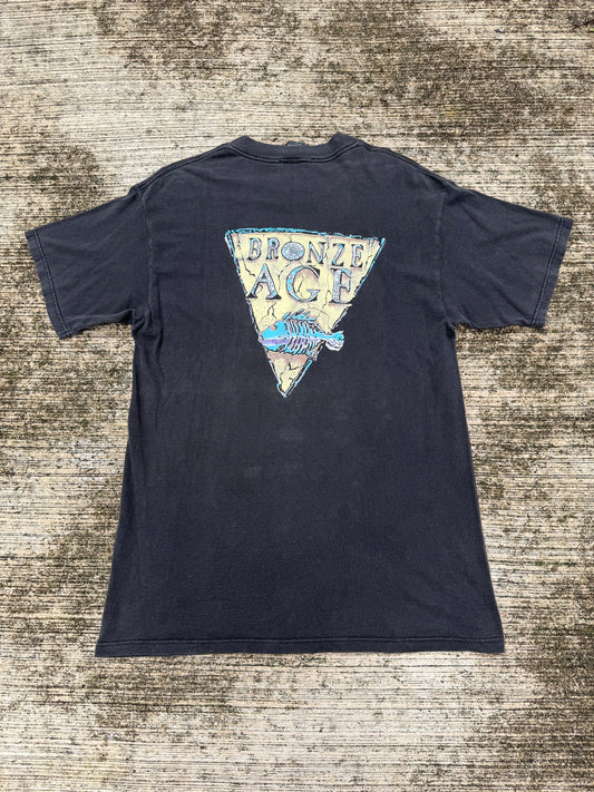 Vintage Bronze Age Surf Skate T-Shirt Black Fish Skeleton Logo Made in USA