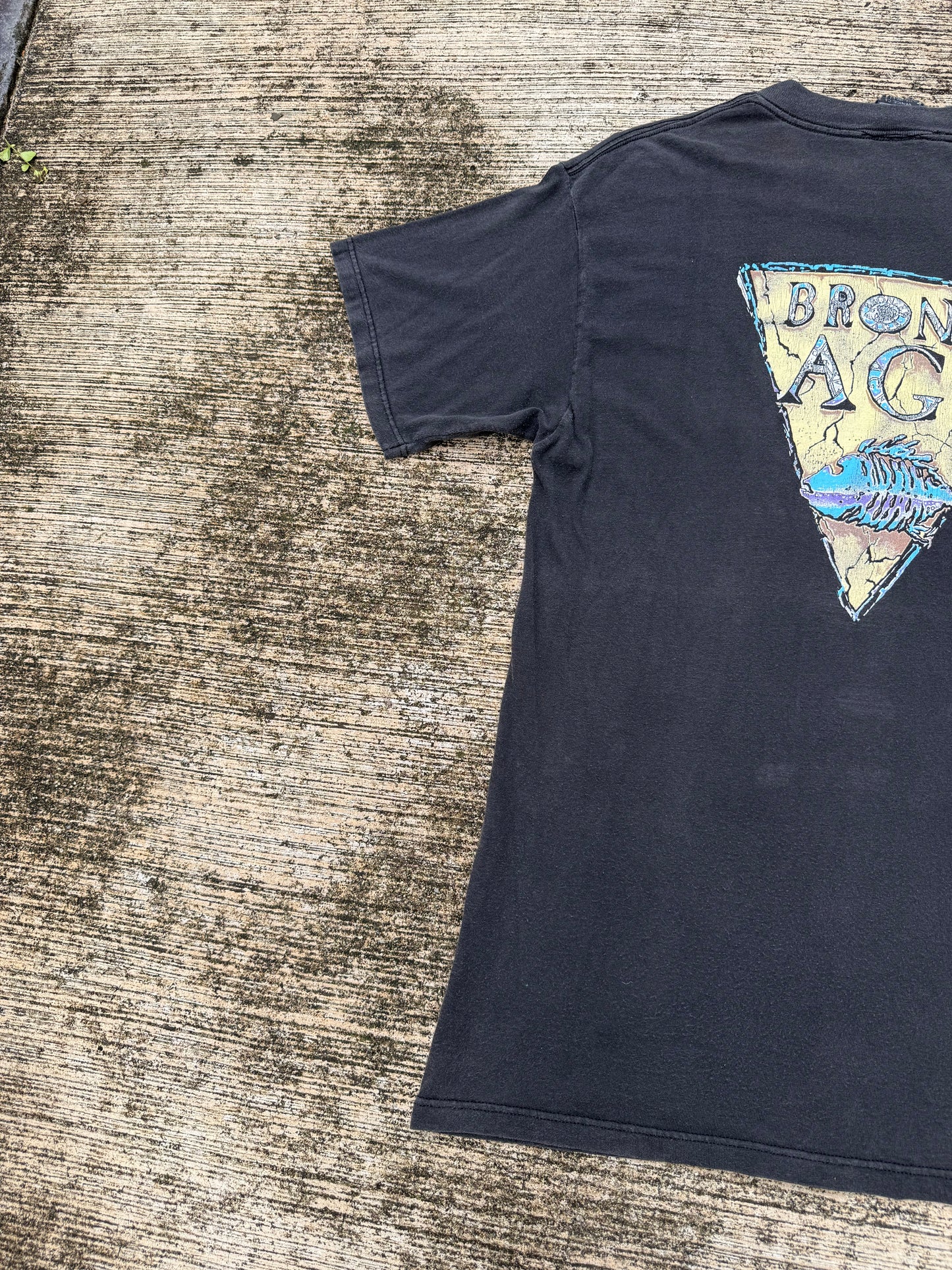 Vintage Bronze Age Surf Skate T-Shirt Black Fish Skeleton Logo Made in USA