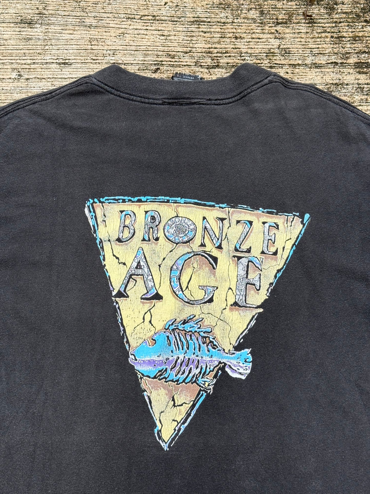 Vintage Bronze Age Surf Skate T-Shirt Black Fish Skeleton Logo Made in USA