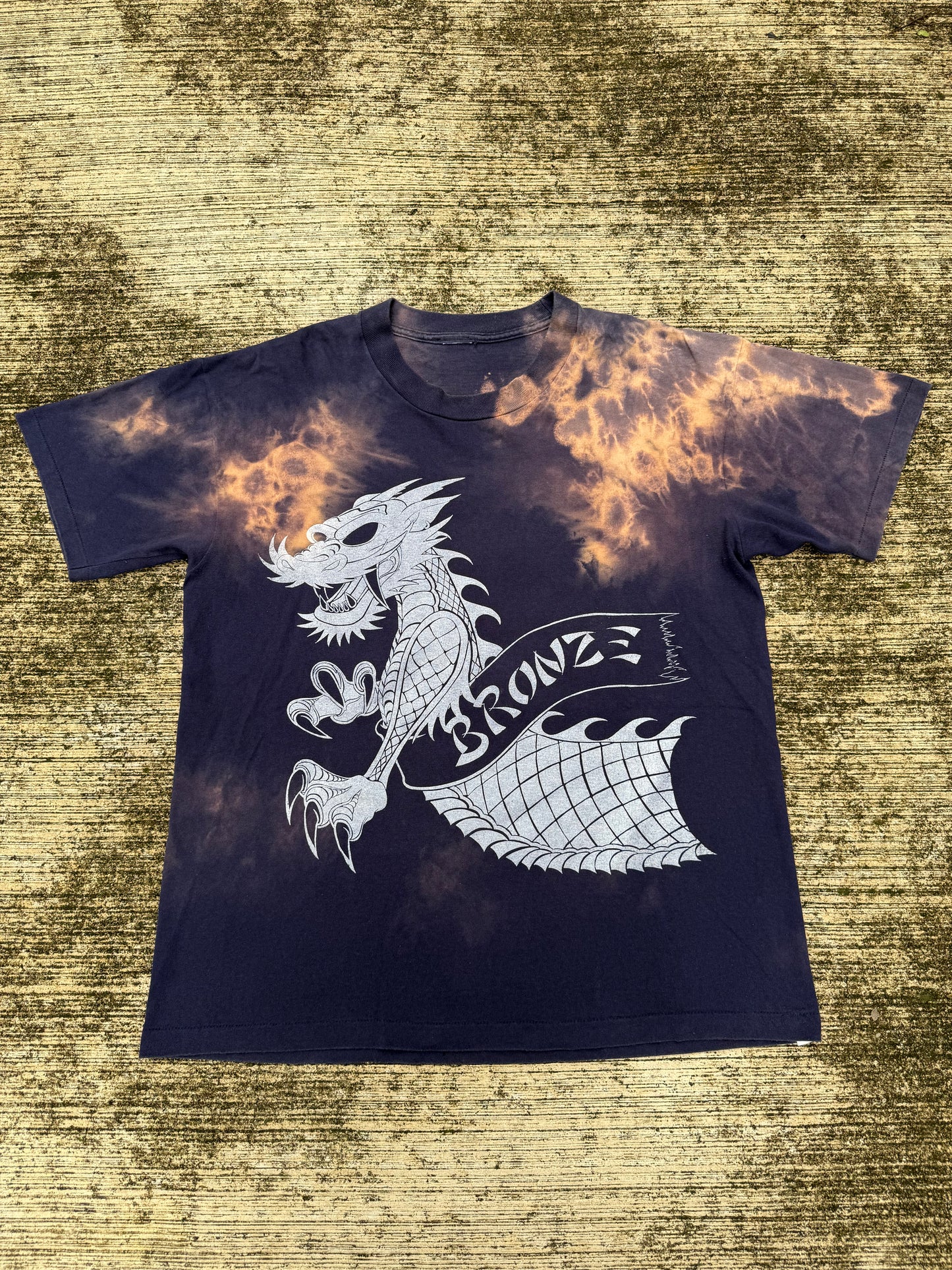 Vintage Bronze Age Dragon Graphic T-Shirt Black Bleach Wash Surf Skate