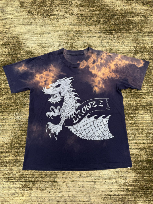 Vintage Bronze Age Dragon Graphic T-Shirt Black Bleach Wash Surf Skate