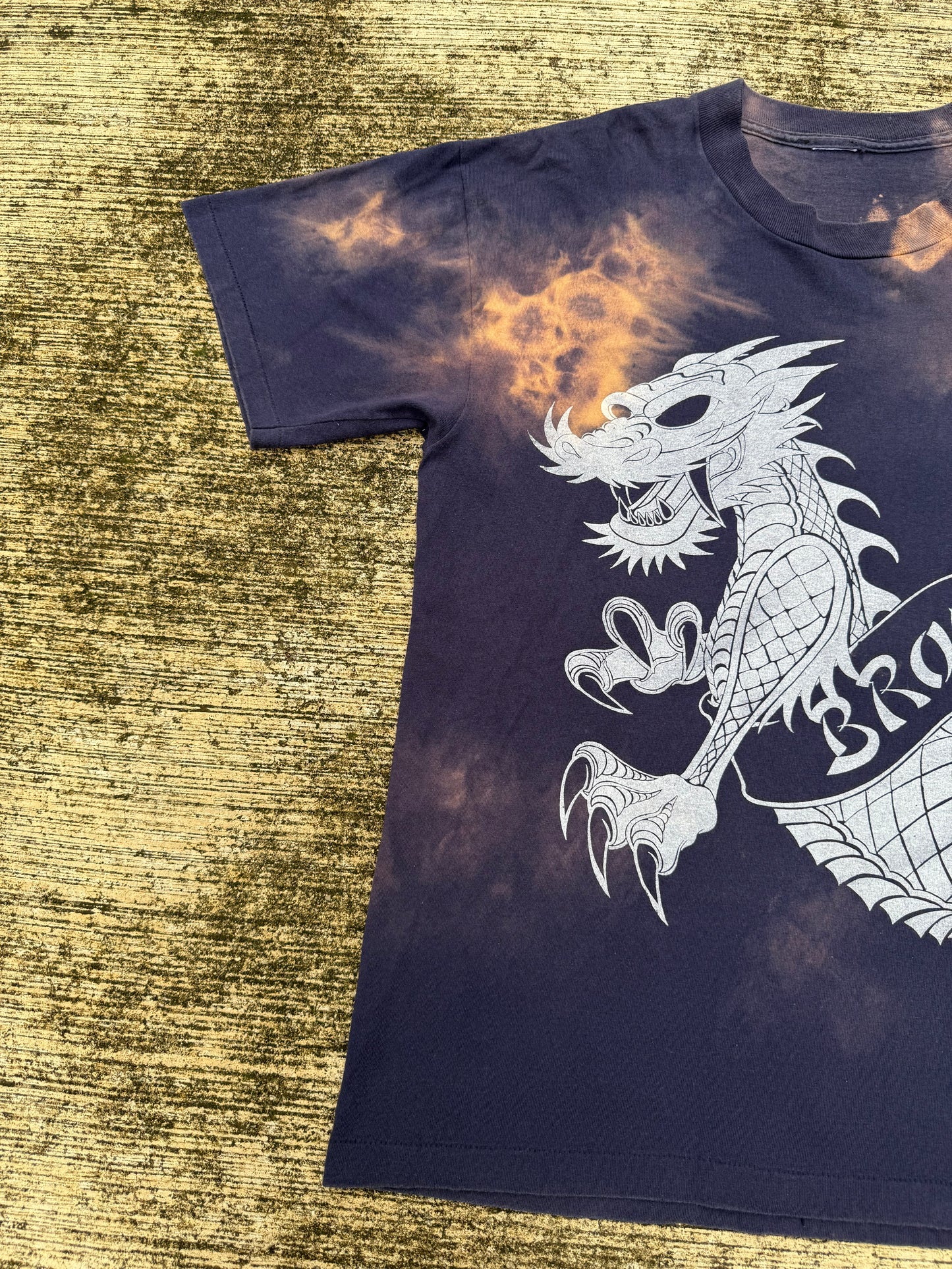 Vintage Bronze Age Dragon Graphic T-Shirt Black Bleach Wash Surf Skate