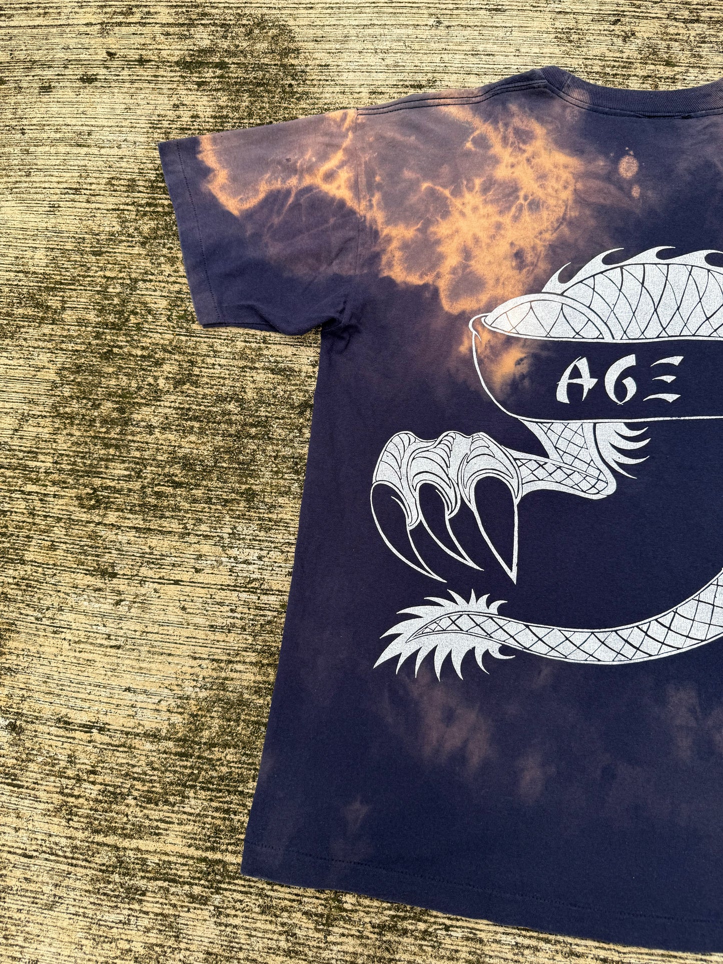 Vintage Bronze Age Dragon Graphic T-Shirt Black Bleach Wash Surf Skate