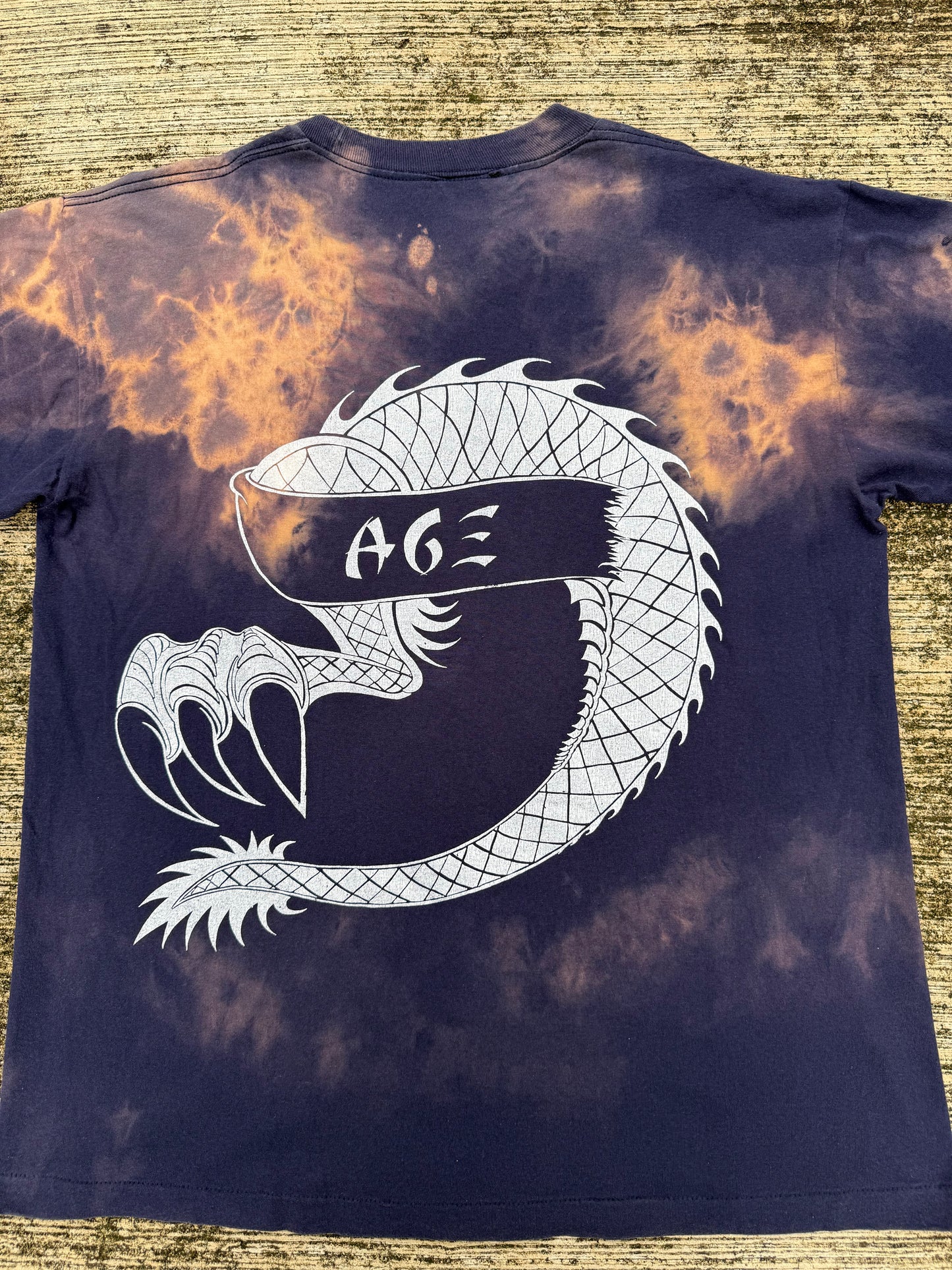 Vintage Bronze Age Dragon Graphic T-Shirt Black Bleach Wash Surf Skate