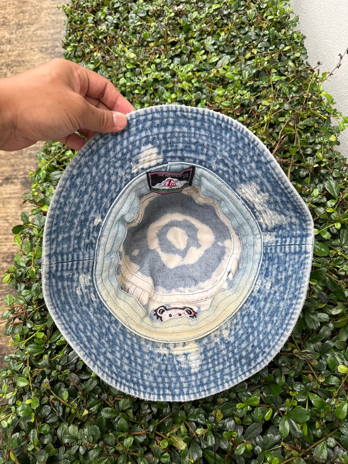 Vintage Tie-Dye Denim Bucket Hat with Embroidered Bear Patch