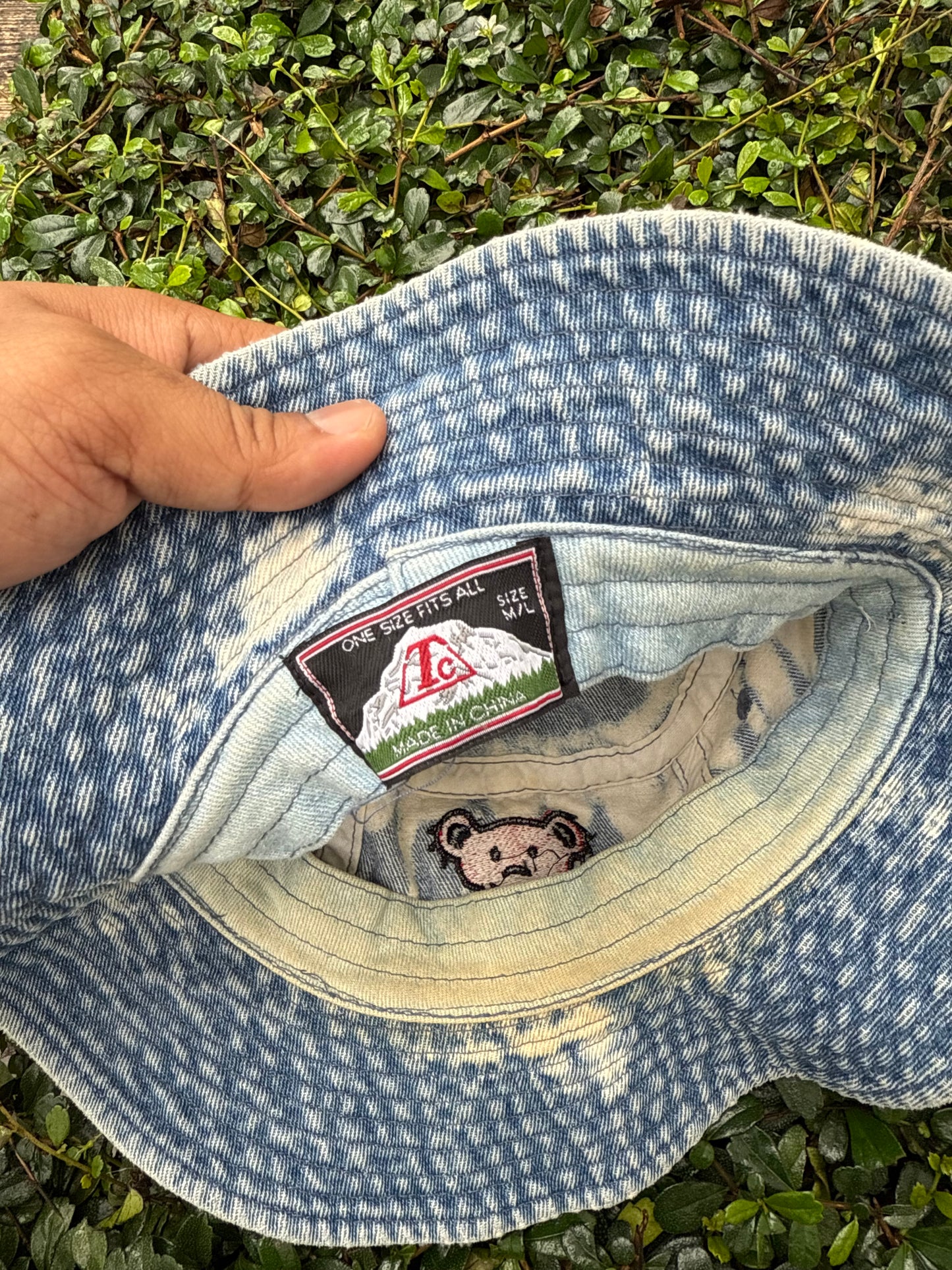 Vintage Tie-Dye Denim Bucket Hat with Embroidered Bear Patch