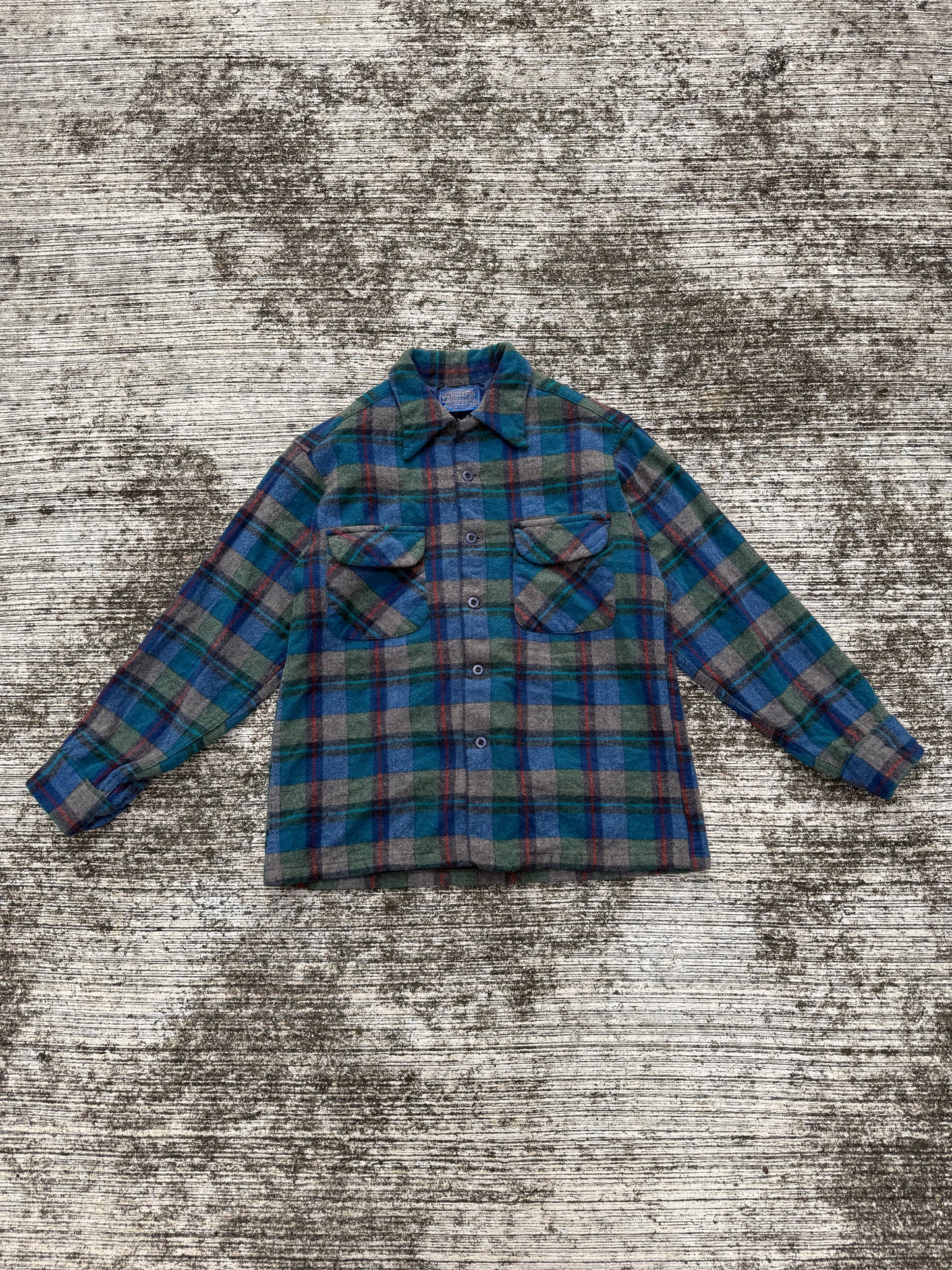 Vintage 1950s-60s Pendleton Wool Shirt Blue Green Plaid Loop Collar USA Made