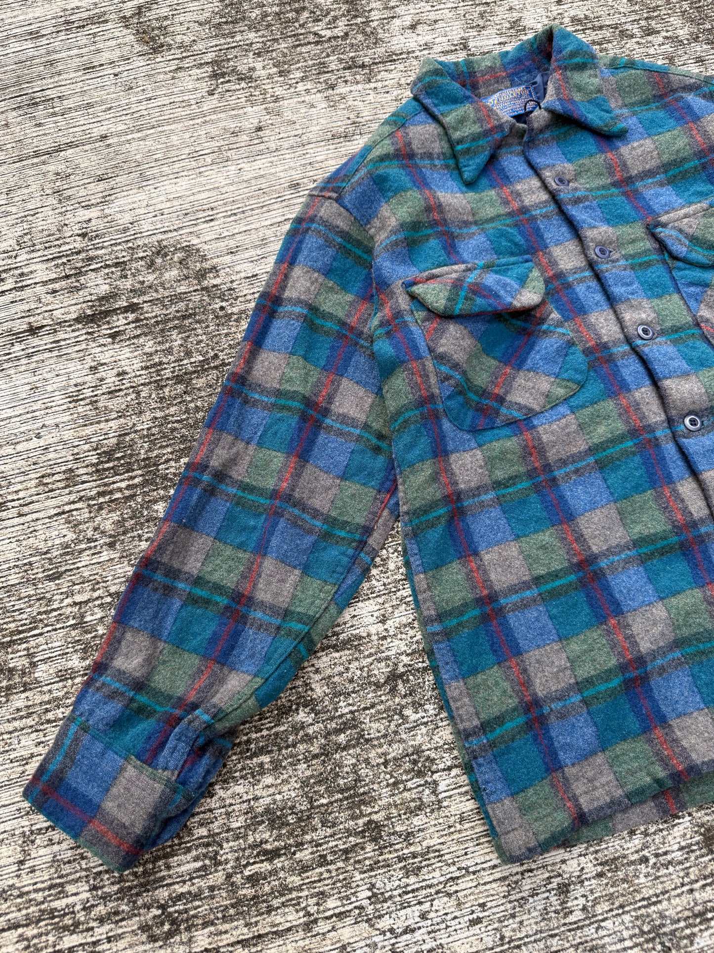 Vintage 1950s-60s Pendleton Wool Shirt Blue Green Plaid Loop Collar USA Made