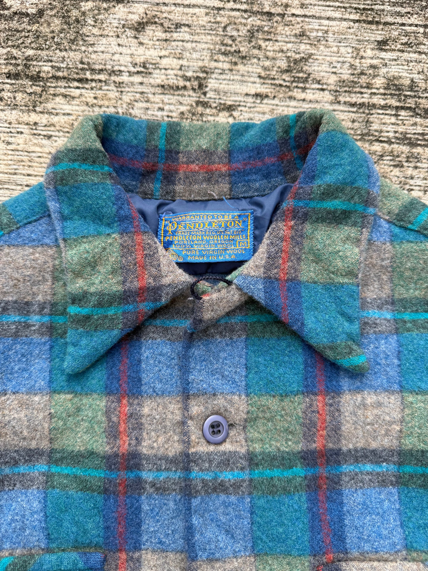Vintage 1950s-60s Pendleton Wool Shirt Blue Green Plaid Loop Collar USA Made