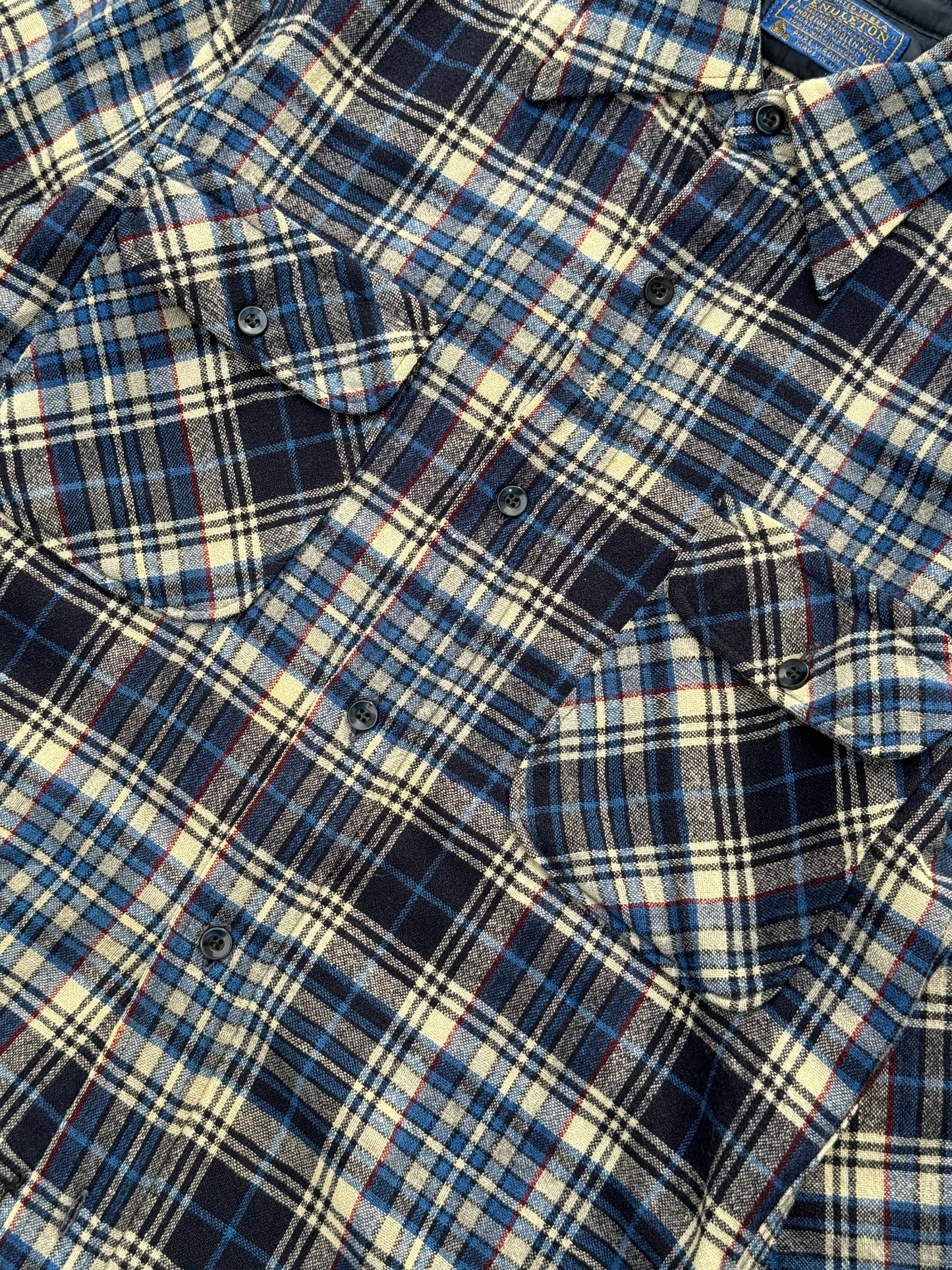 Vintage Pendleton Wool Plaid Shirt Navy Blue Cream USA Made