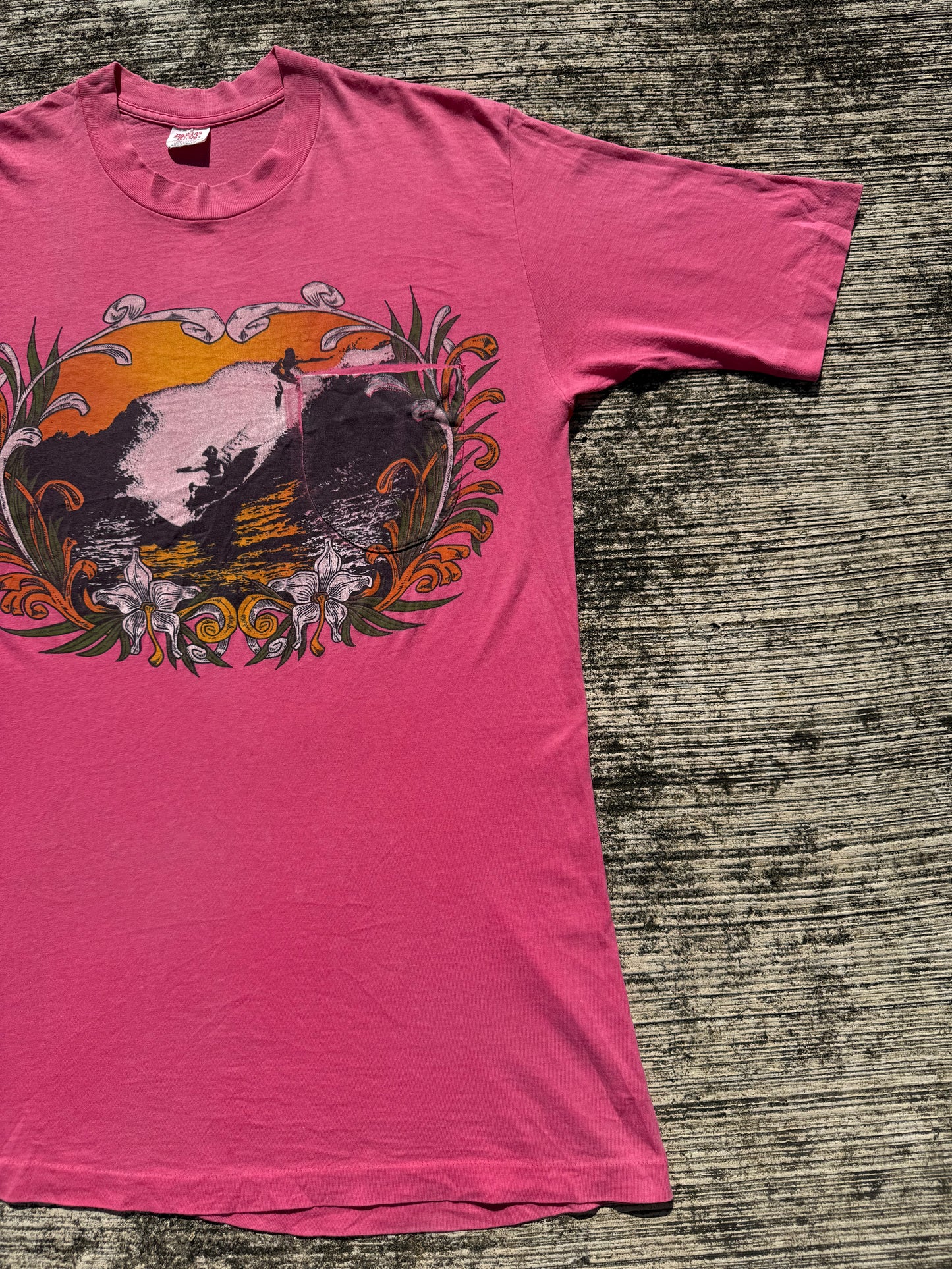 Vintage 70s–80s Designs Alive Surf Sunset Pocket Tee Pink Single Stitch USA