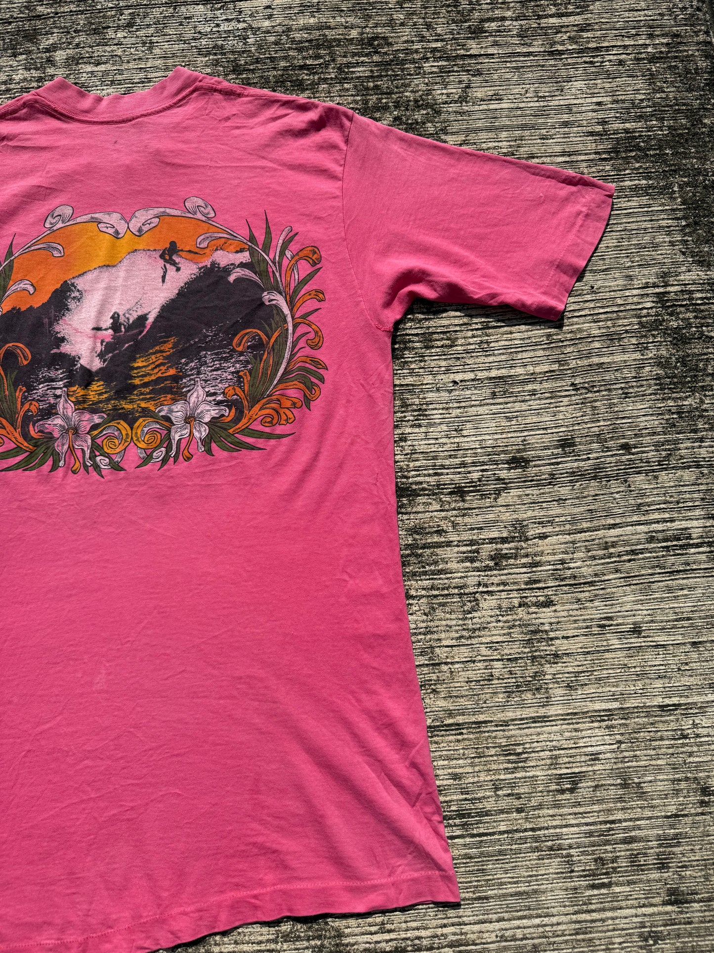 Vintage 70s–80s Designs Alive Surf Sunset Pocket Tee Pink Single Stitch USA