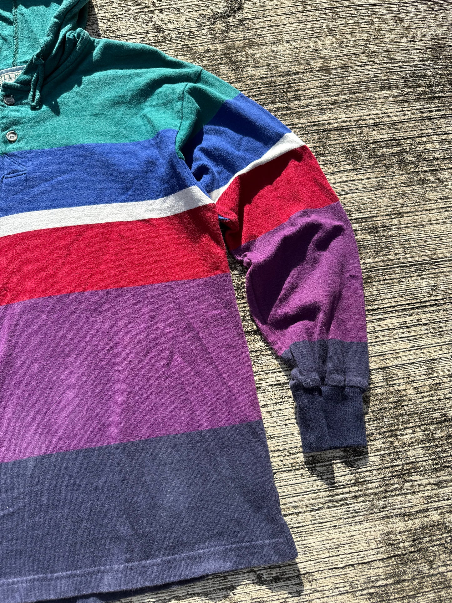 Vintage 90s L.L. Bean Striped Rugby Hoodie Made in USA Pullover