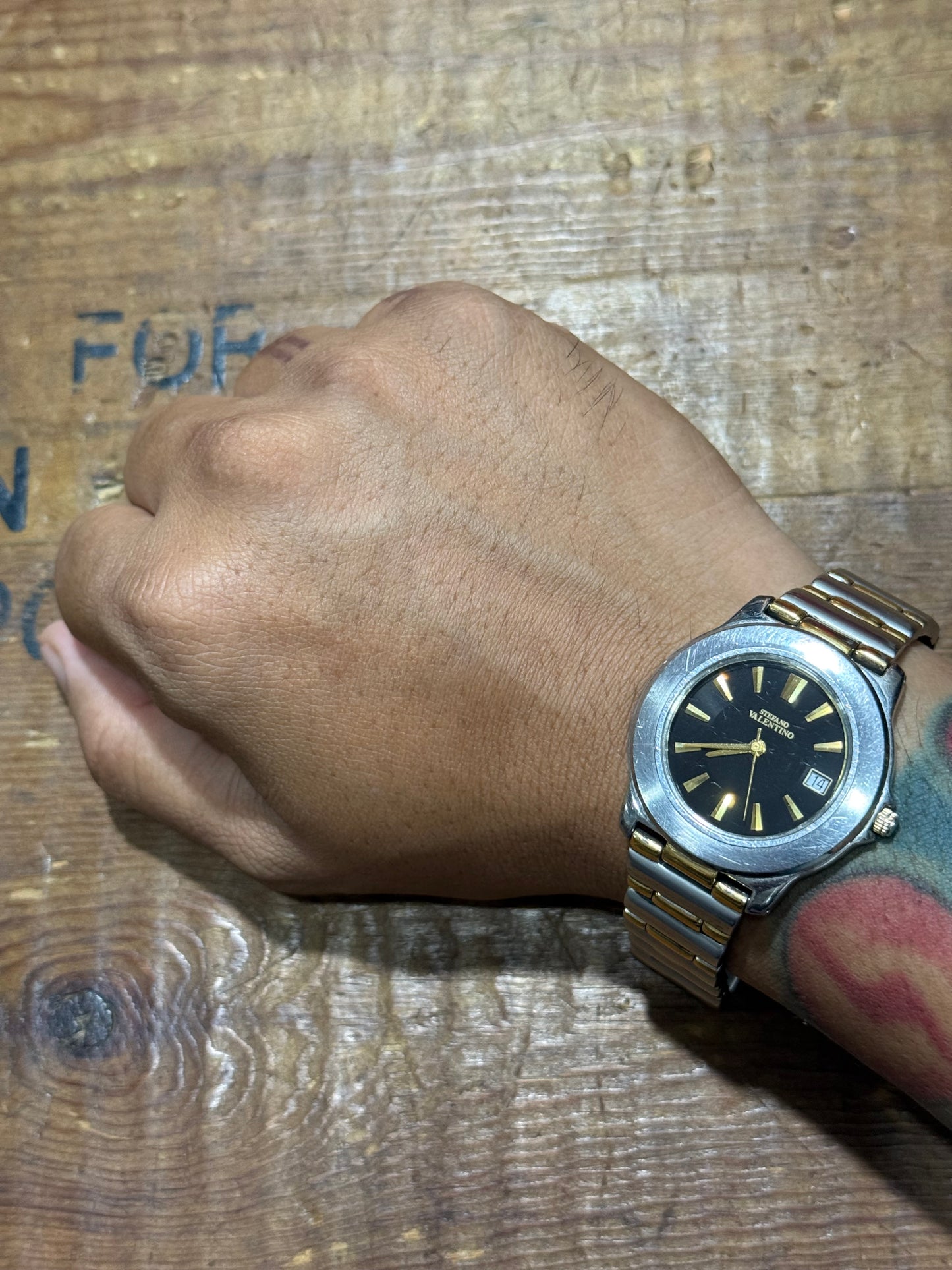 Vintage Stefano Valentino Watch Two Tone Gold Silver Black Dial Date
