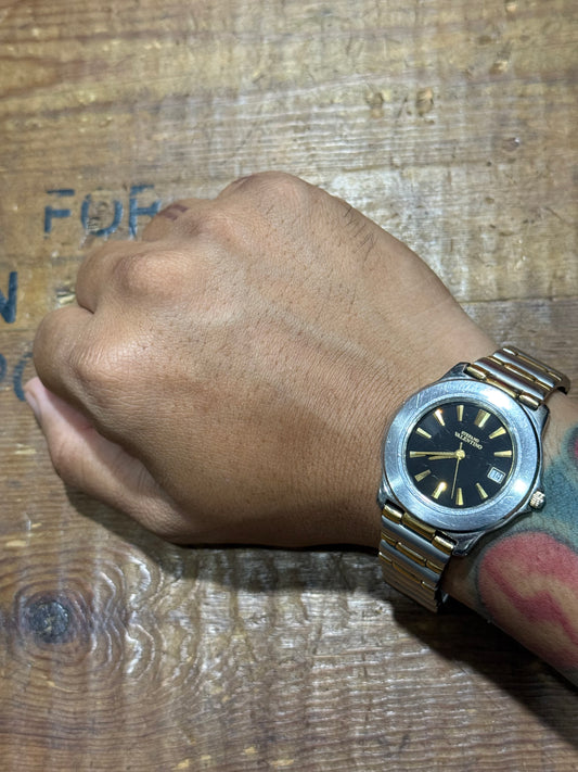 Vintage Stefano Valentino Watch Two Tone Gold Silver Black Dial Date