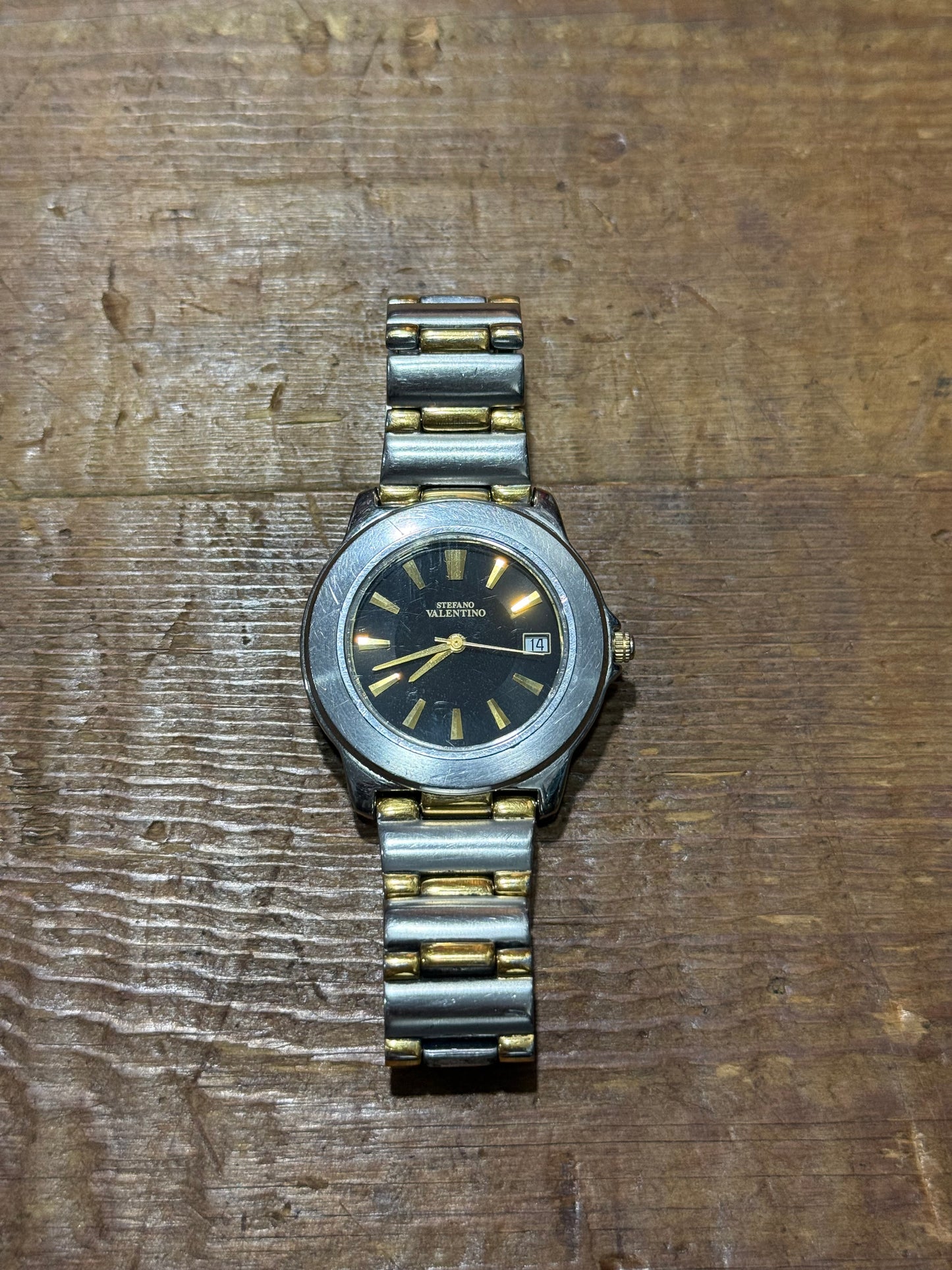Vintage Stefano Valentino Watch Two Tone Gold Silver Black Dial Date