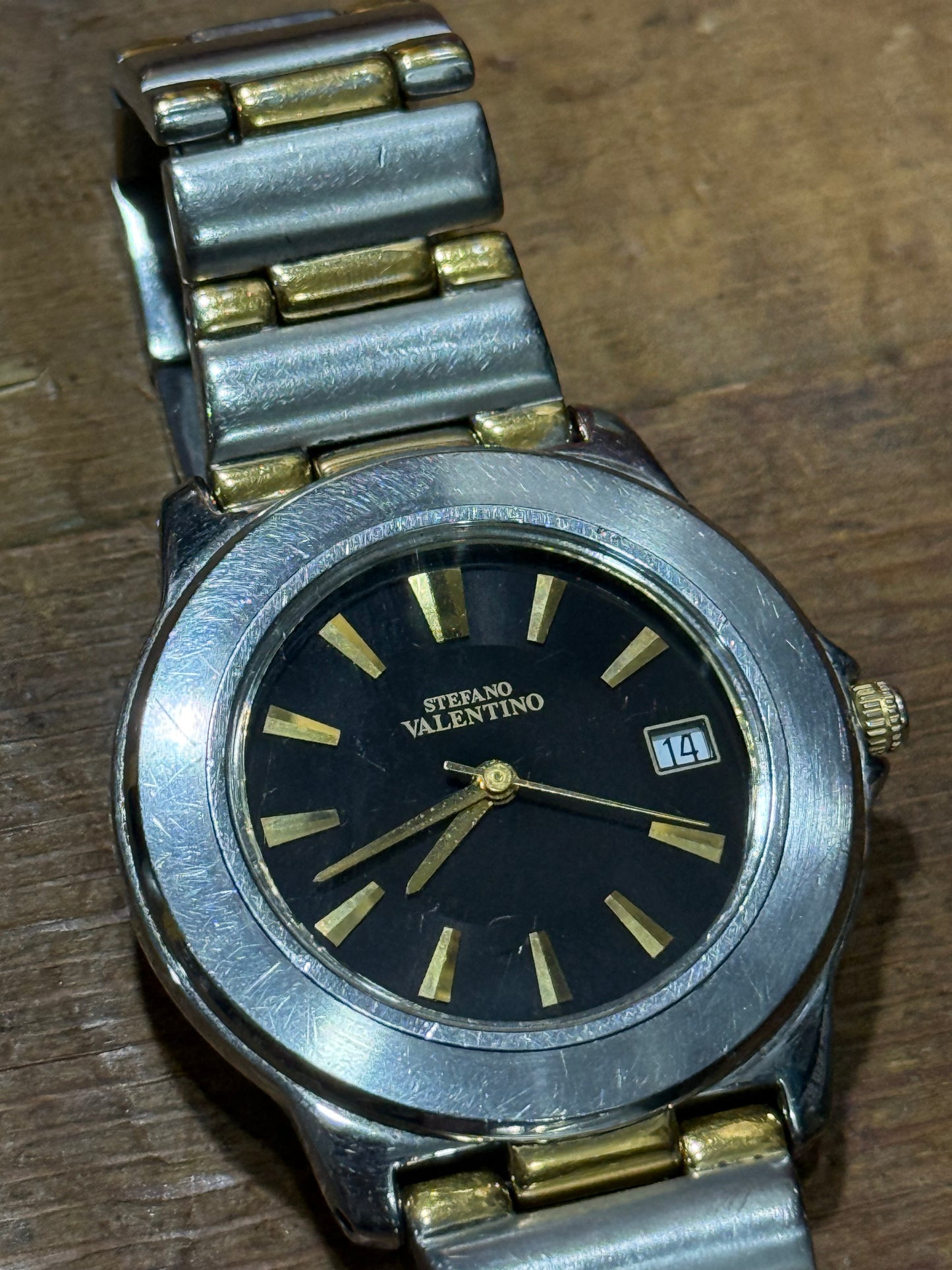 Vintage Stefano Valentino Watch Two Tone Gold Silver Black Dial Date