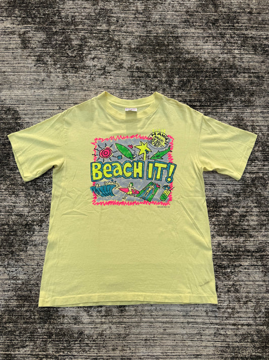 Vintage 1980s Hawaii Waikiki Beach Neon Surf Tee – “Beach It!” Graphic