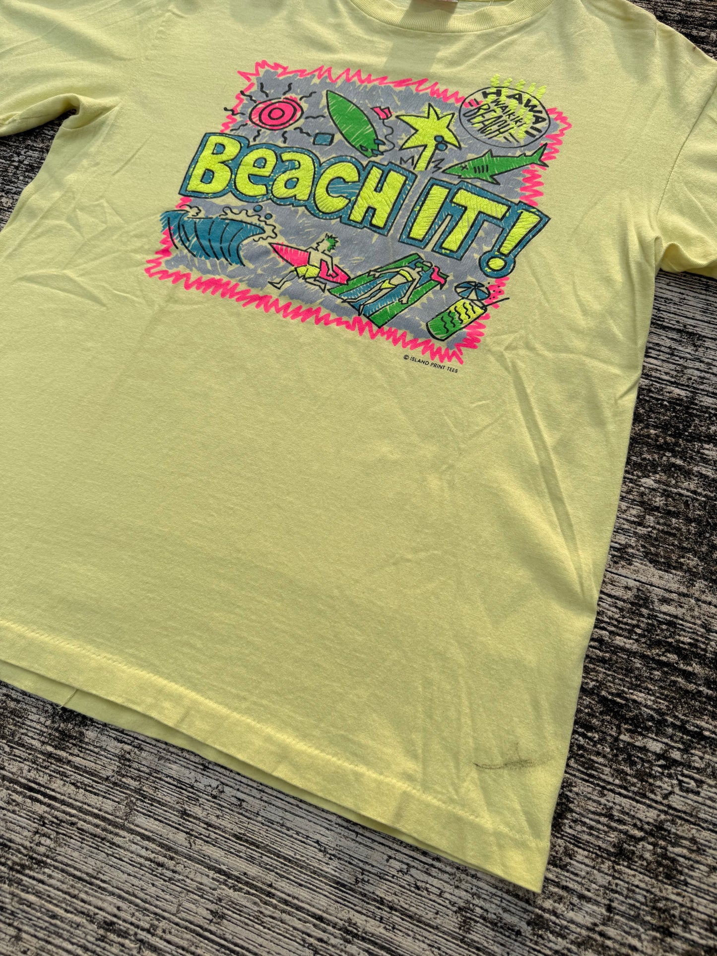 Vintage 1980s Hawaii Waikiki Beach Neon Surf Tee – “Beach It!” Graphic