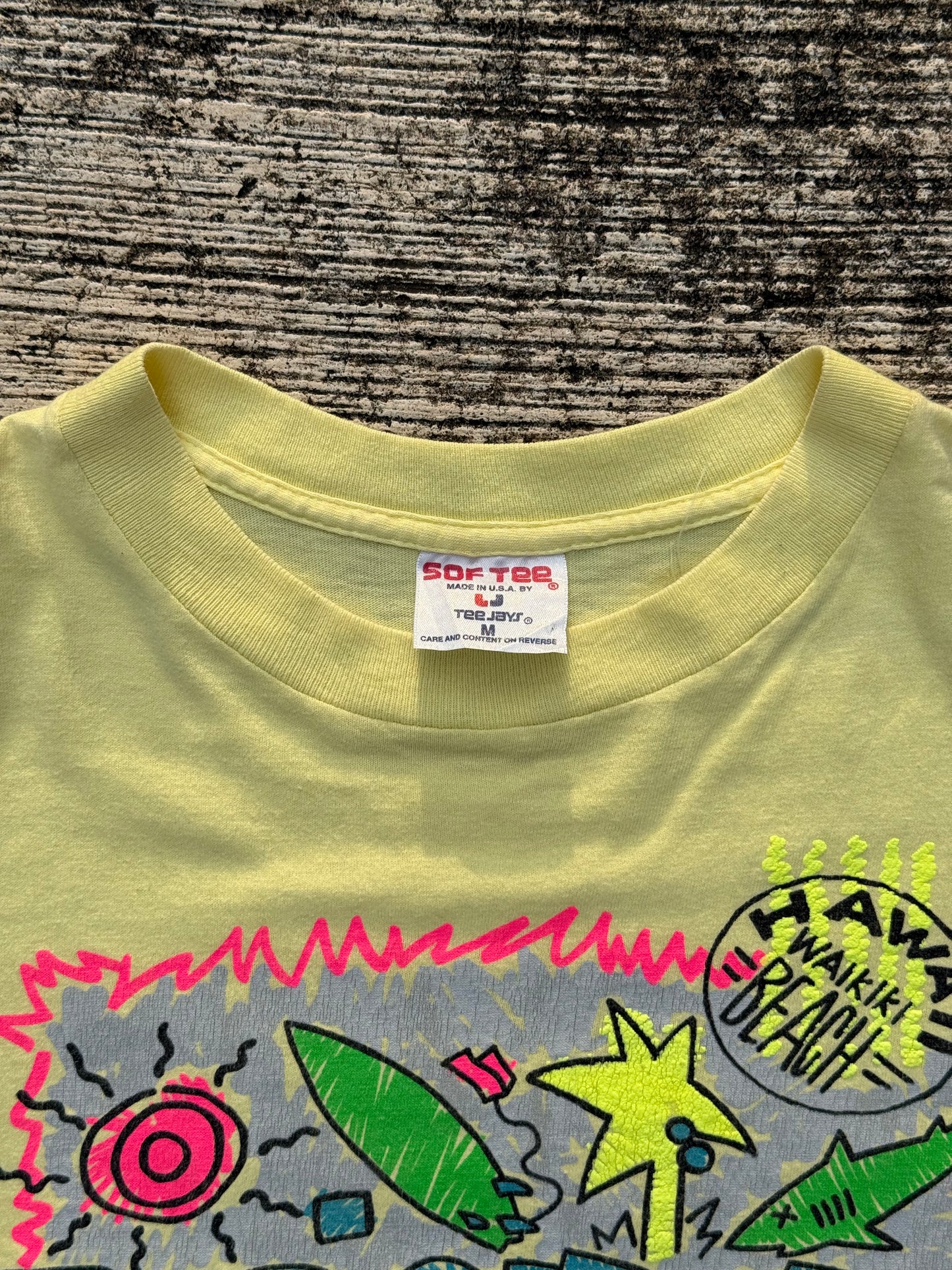 Vintage 1980s Hawaii Waikiki Beach Neon Surf Tee – “Beach It!” Graphic