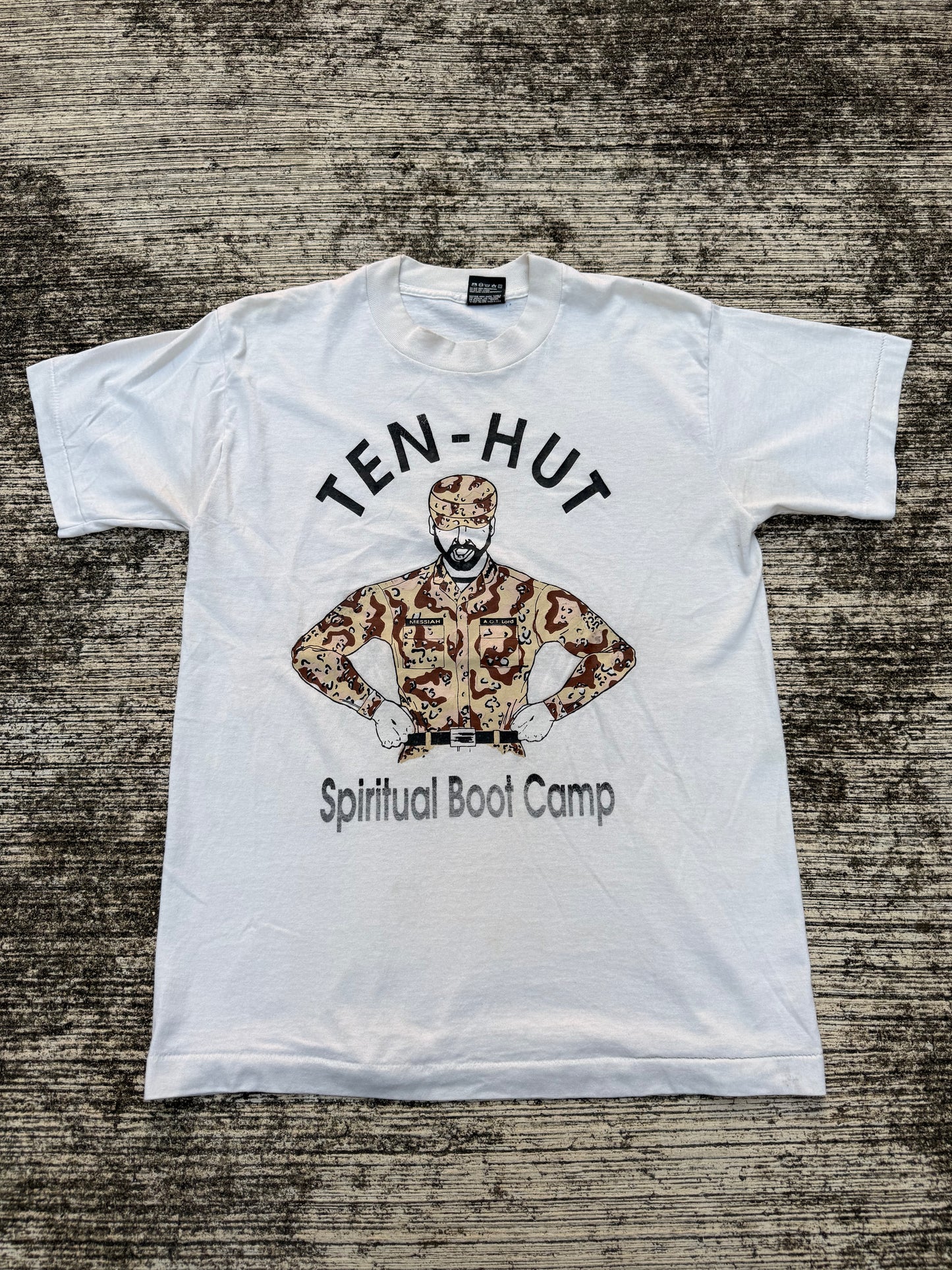 Vintage 1990s Ten-Hut Spiritual Boot Camp Tee – Desert Camo Graphic