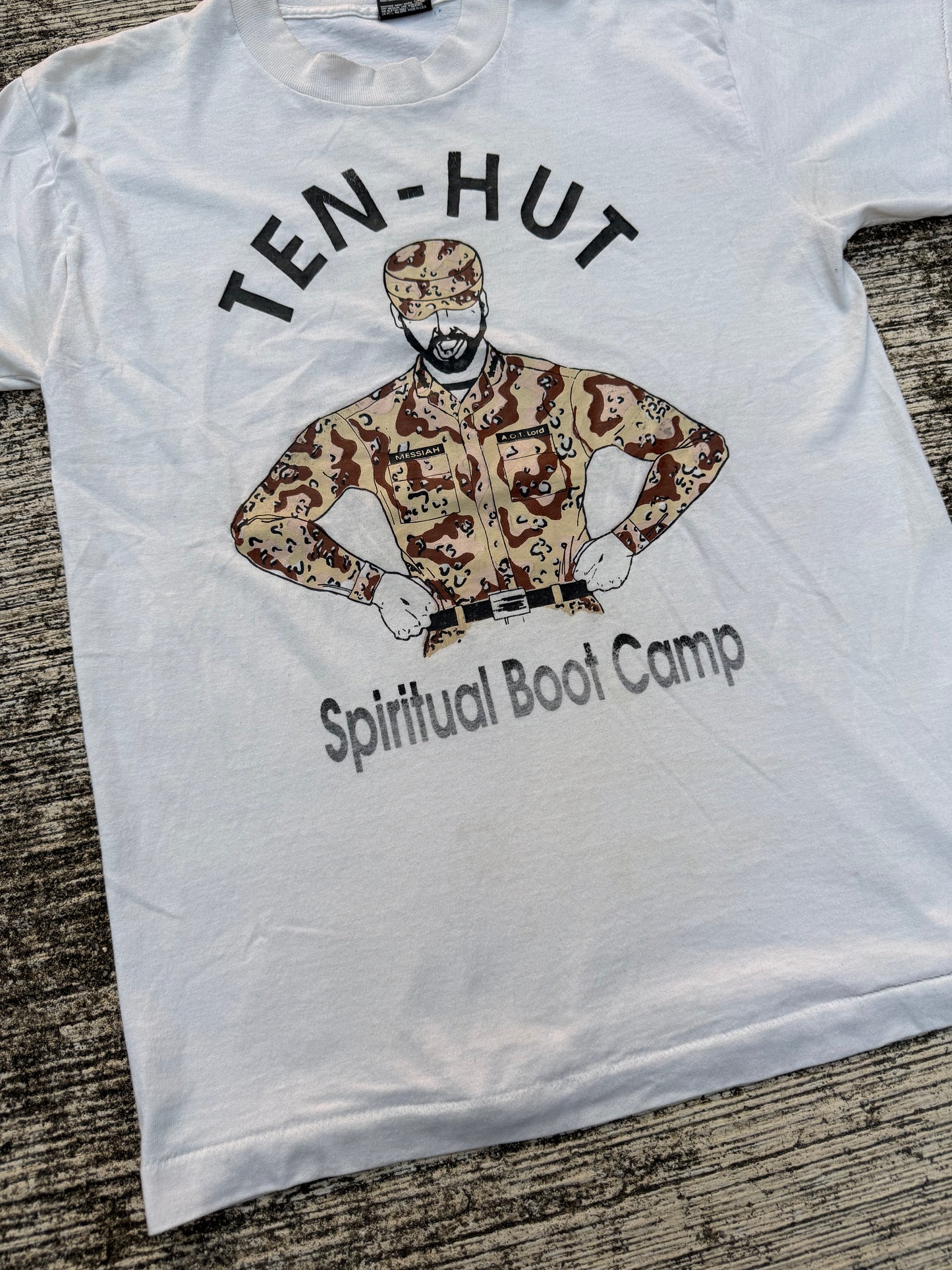 Vintage 1990s Ten-Hut Spiritual Boot Camp Tee – Desert Camo Graphic