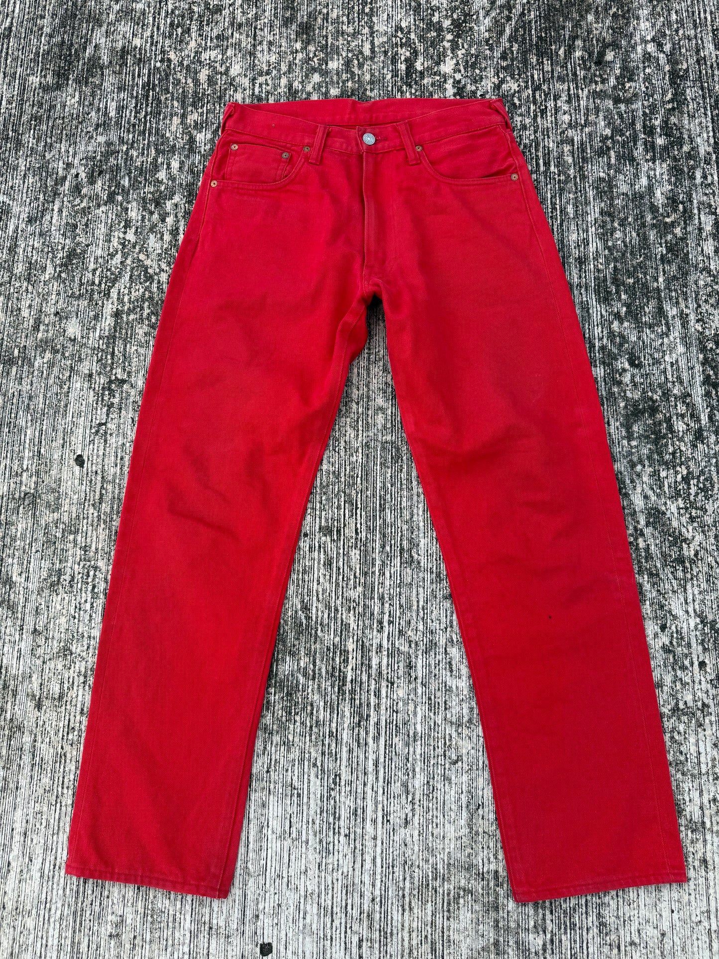 Evisu Red Denim Selvedge Jeans with Hand-Painted Seagull Arcs (Made in Japan, 2000s)