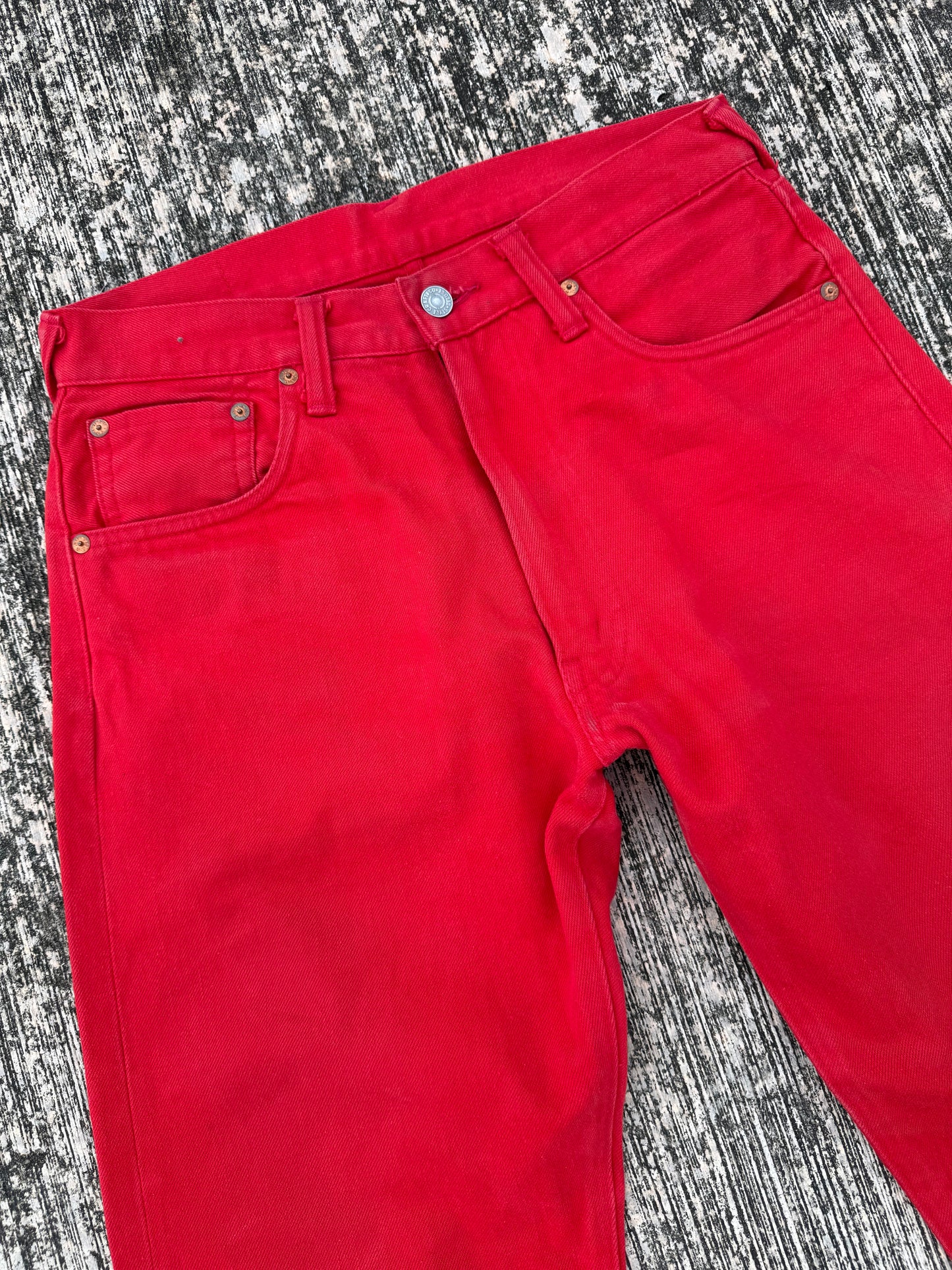 Evisu Red Denim Selvedge Jeans with Hand-Painted Seagull Arcs (Made in Japan, 2000s)