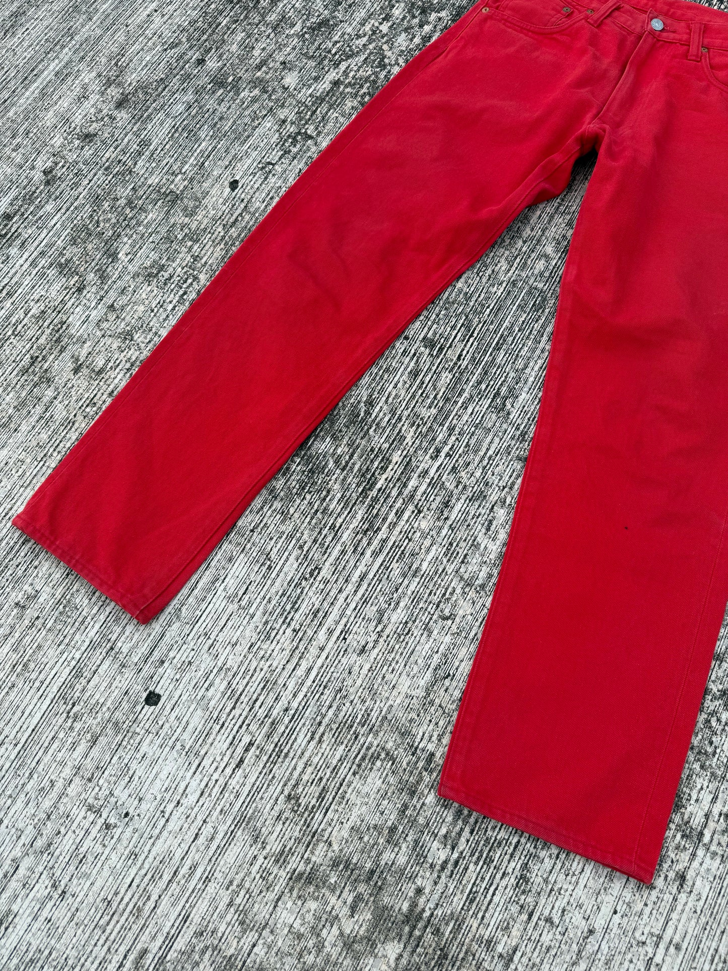 Evisu Red Denim Selvedge Jeans with Hand-Painted Seagull Arcs (Made in Japan, 2000s)