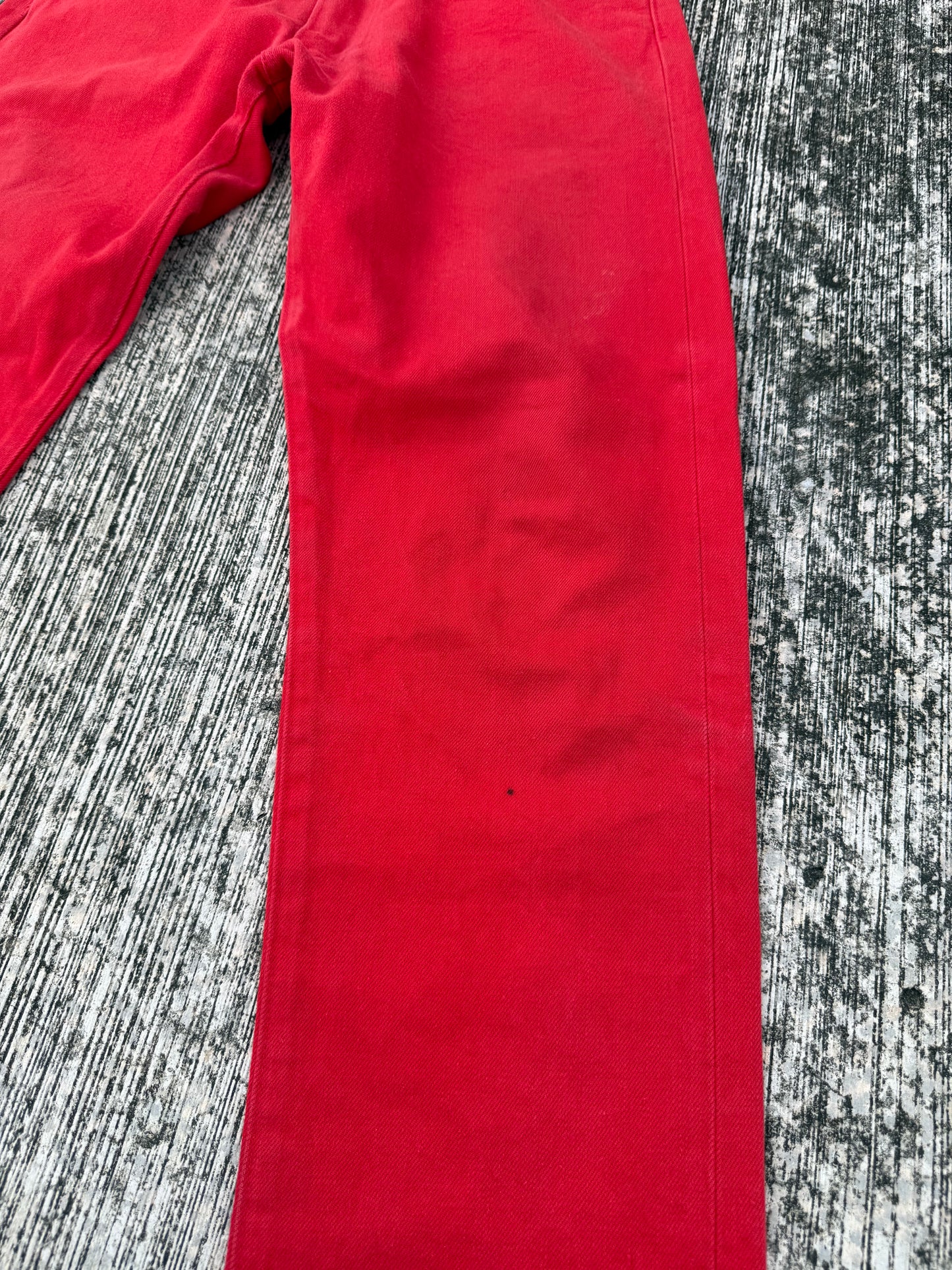 Evisu Red Denim Selvedge Jeans with Hand-Painted Seagull Arcs (Made in Japan, 2000s)