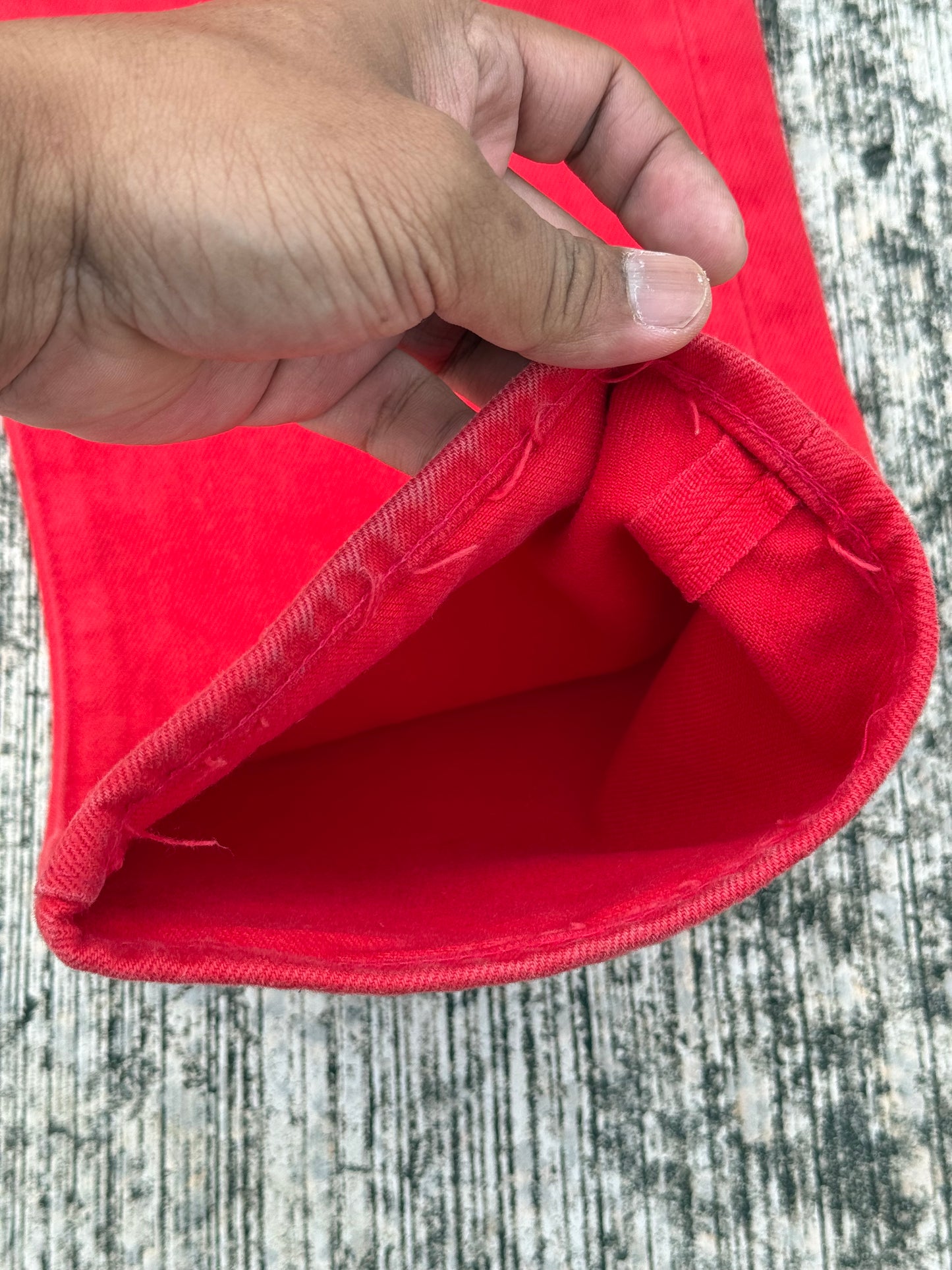 Evisu Red Denim Selvedge Jeans with Hand-Painted Seagull Arcs (Made in Japan, 2000s)