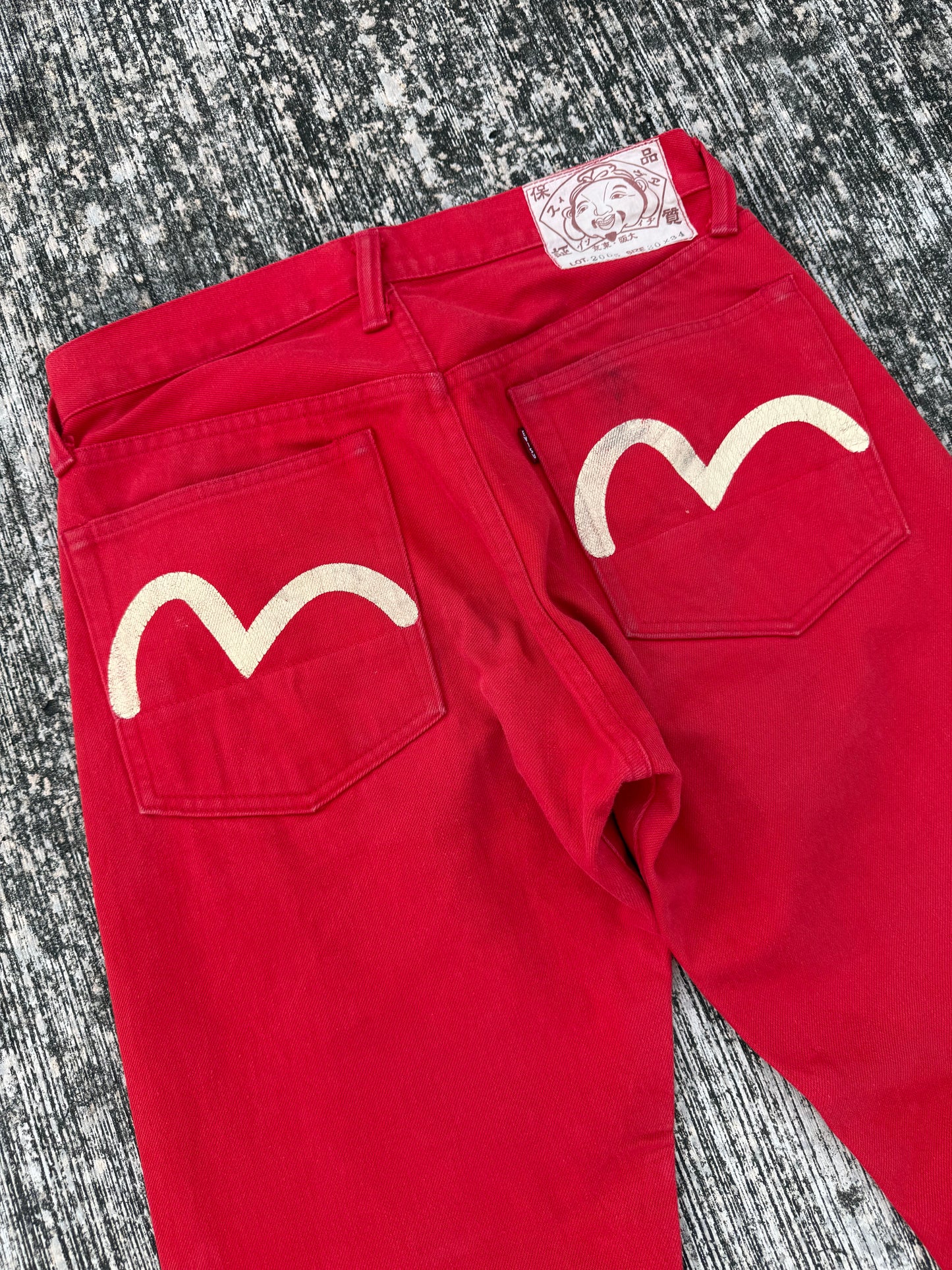 Evisu Red Denim Selvedge Jeans with Hand-Painted Seagull Arcs (Made in Japan, 2000s)