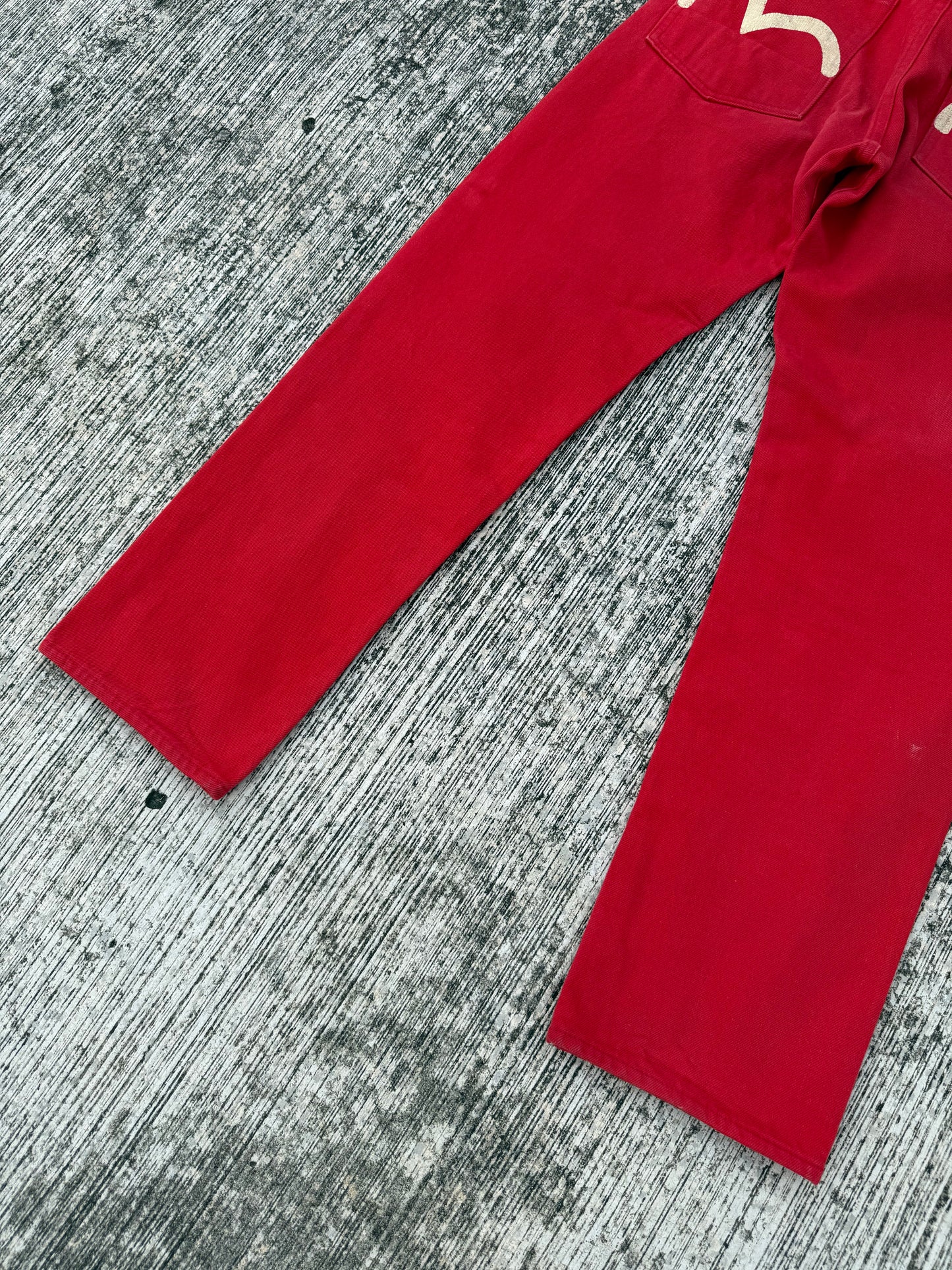Evisu Red Denim Selvedge Jeans with Hand-Painted Seagull Arcs (Made in Japan, 2000s)