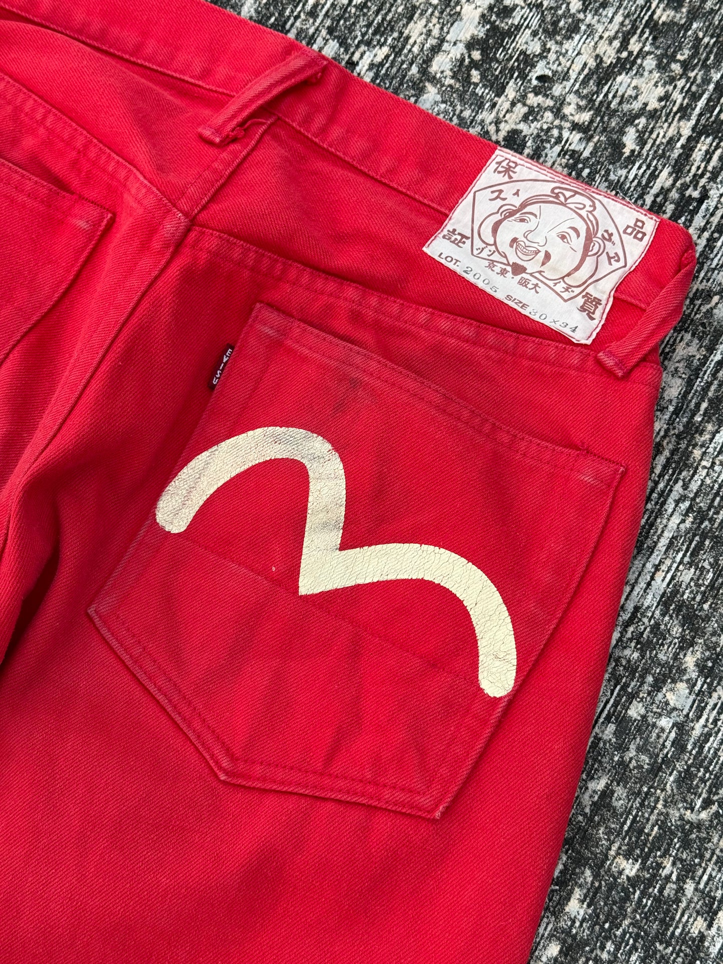 Evisu Red Denim Selvedge Jeans with Hand-Painted Seagull Arcs (Made in Japan, 2000s)