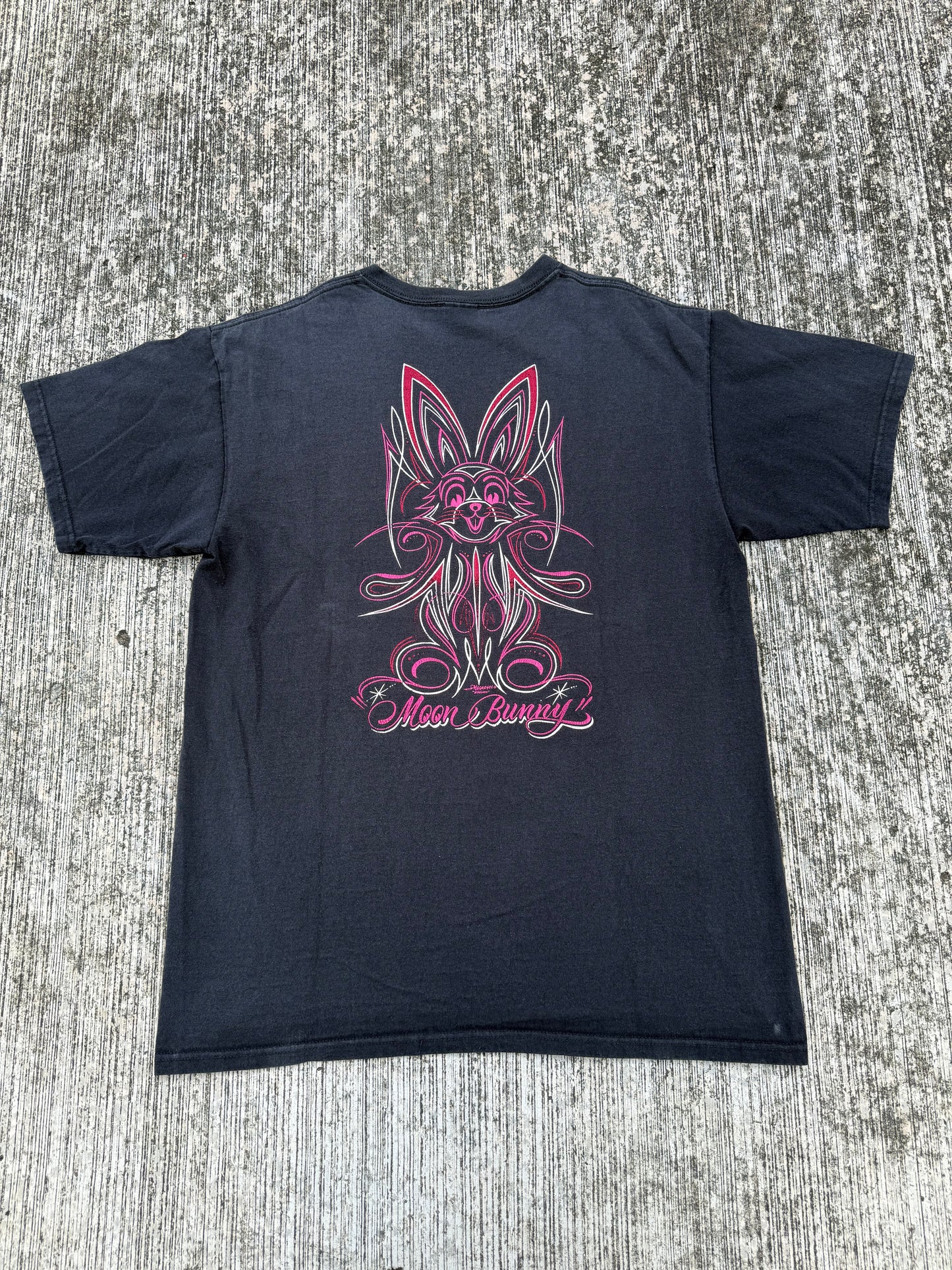 Vintage Y2K Moon Bunny Pinstripe Graphic Tee (Mooneyes Worldwide)