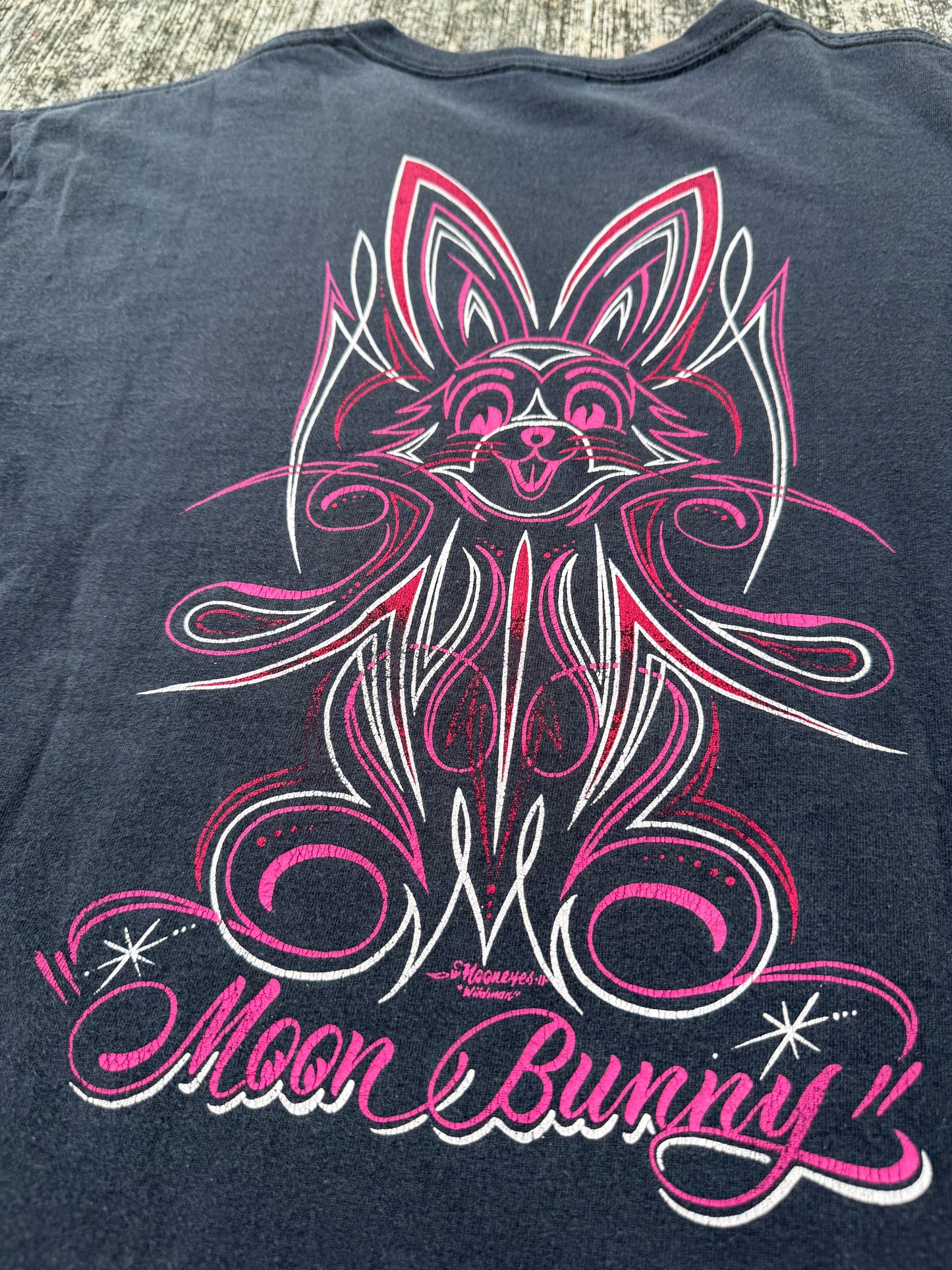 Vintage Y2K Moon Bunny Pinstripe Graphic Tee (Mooneyes Worldwide)