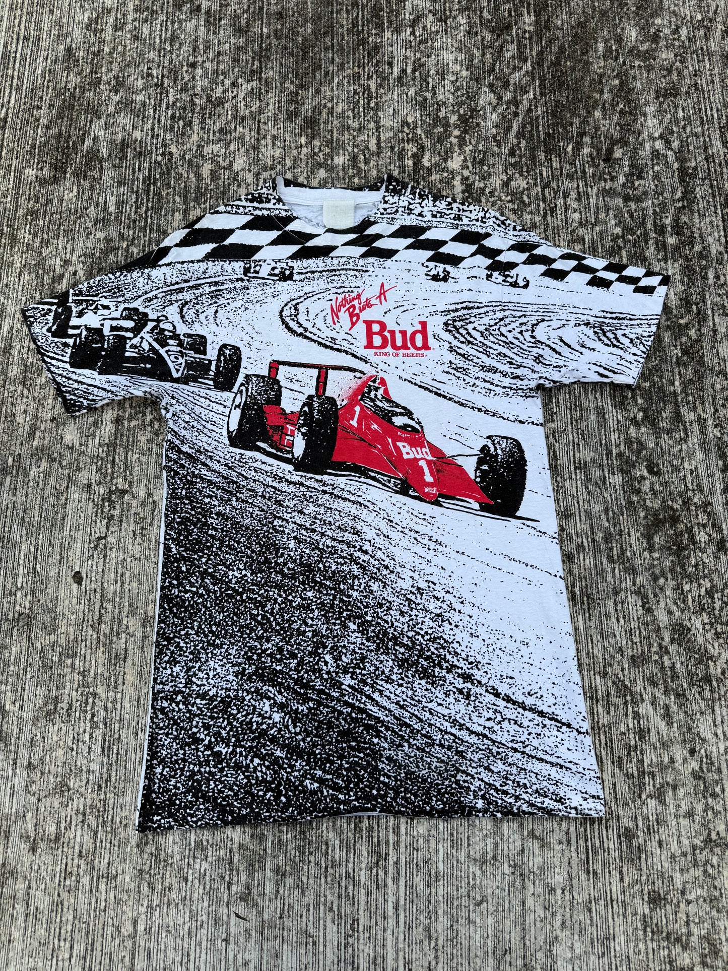 Vintage 1980s-90s Budweiser Racing “Nothing Beats A Bud” All Over Print Tee