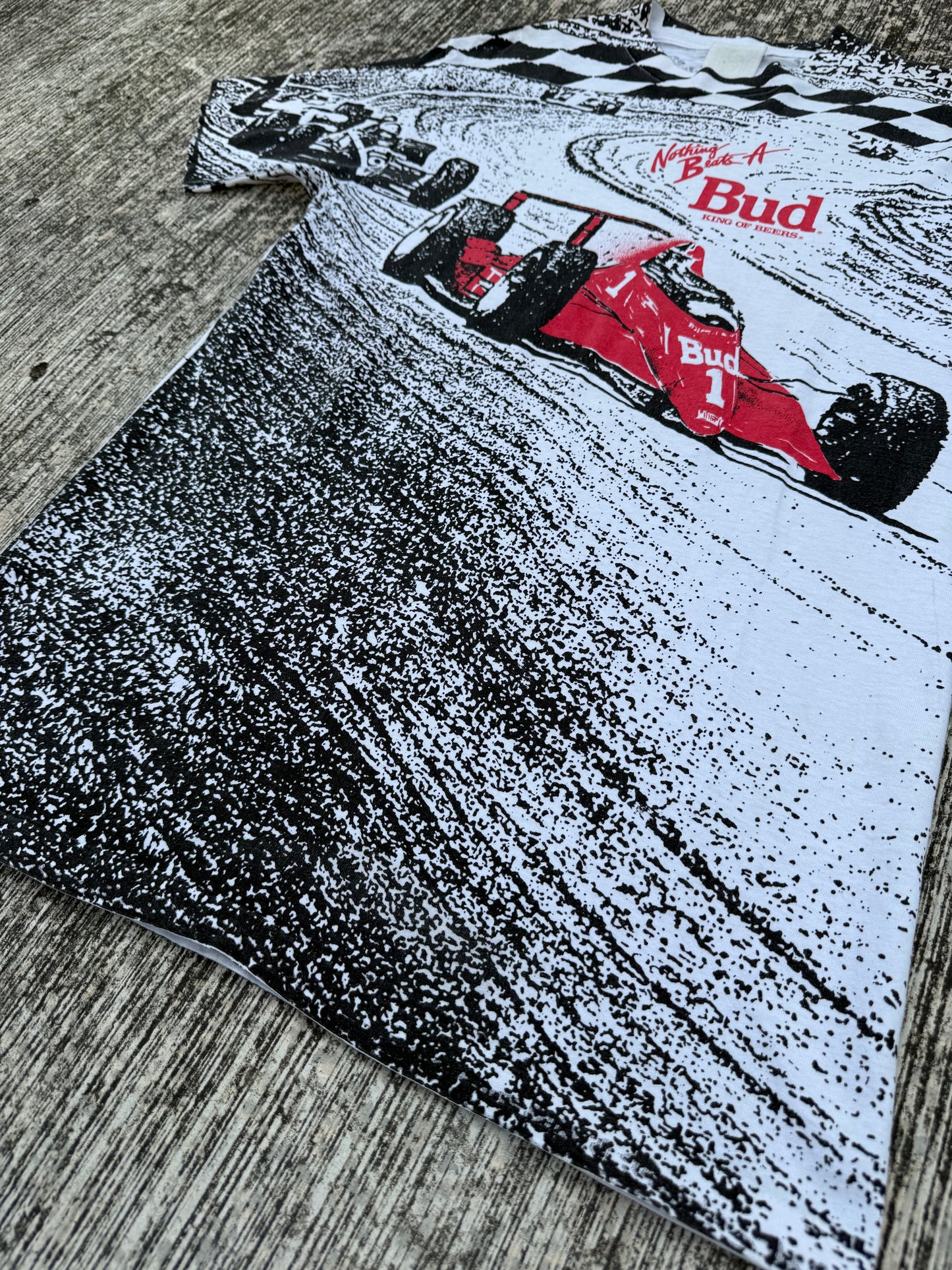 Vintage 1980s-90s Budweiser Racing “Nothing Beats A Bud” All Over Print Tee