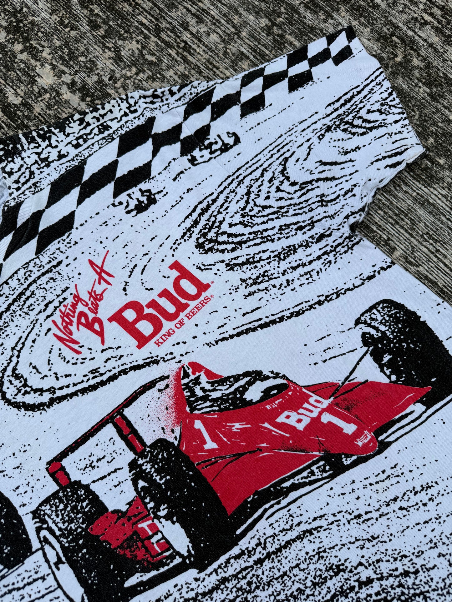 Vintage 1980s-90s Budweiser Racing “Nothing Beats A Bud” All Over Print Tee