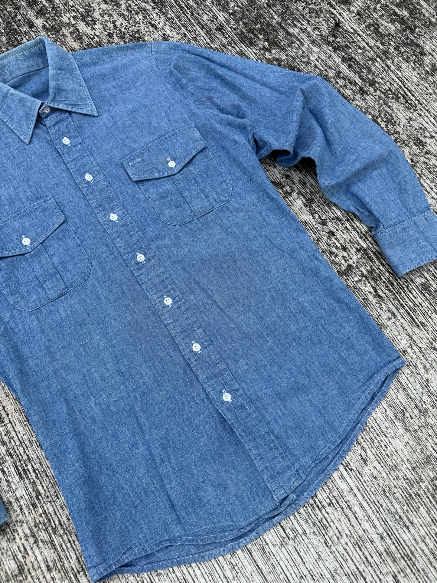 Vintage Chambray Long Sleeve Work Shirt (1970s–1980s USA Made)