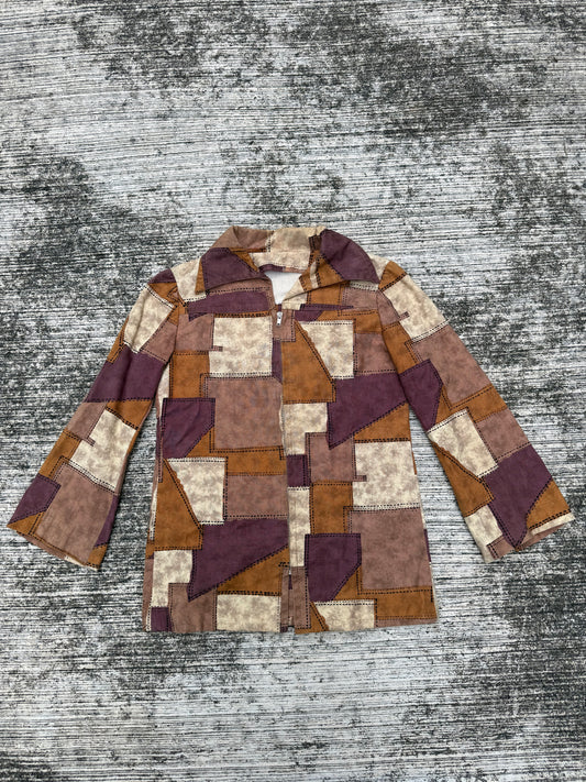 Vintage 1970s Patchwork Mod Zip Jacket Earth-Tone Geometric Pattern