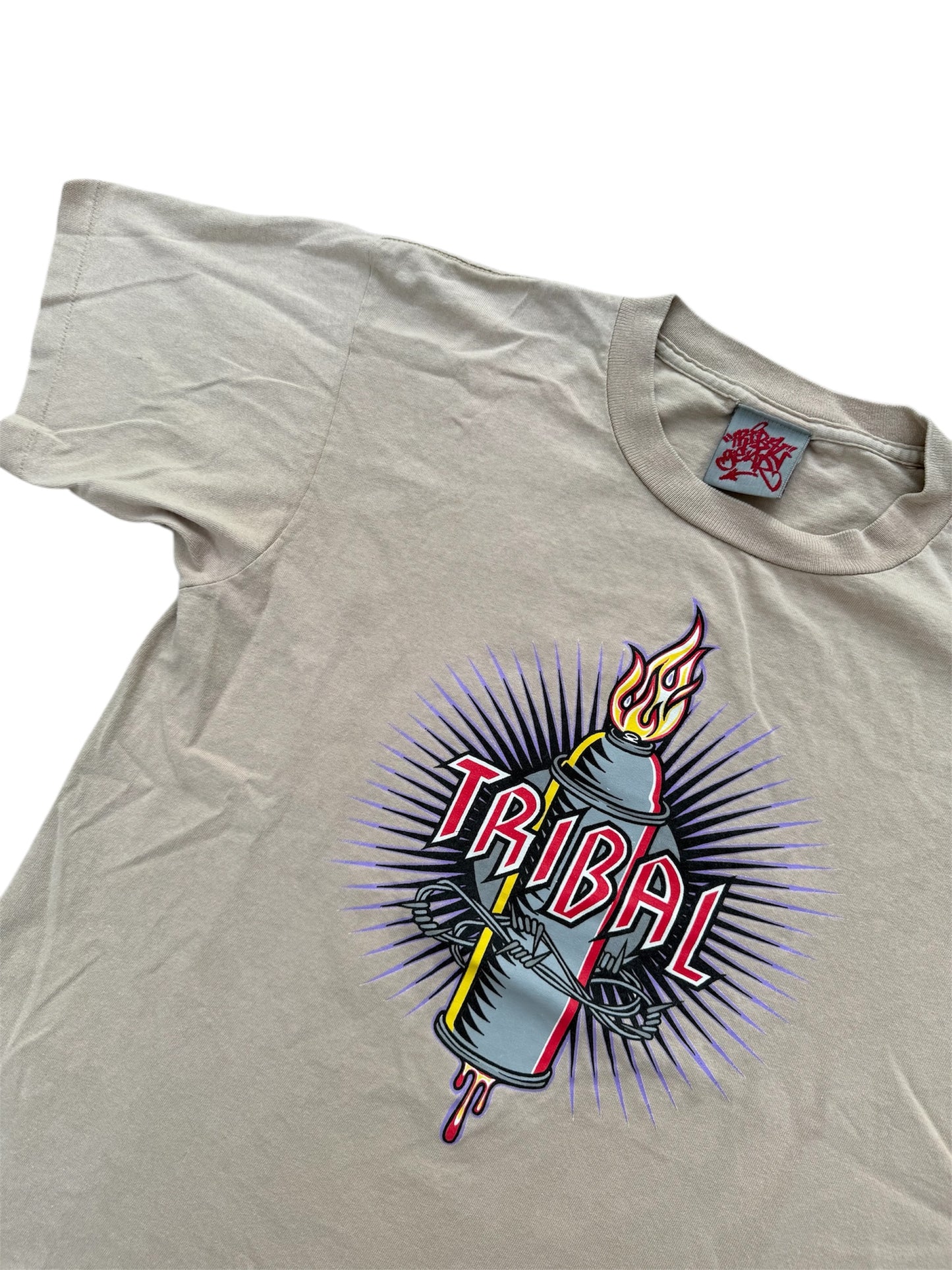 Vintage 90s Tribal Gear Graffiti Tee Flame Spray Can Graphic Streetwear Made in USA