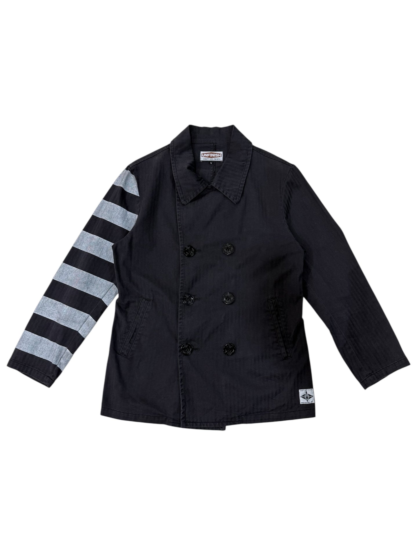 UNFINISH INC. Japan Black Herringbone Double-Breasted Work Jacket – Striped Sleeve Design