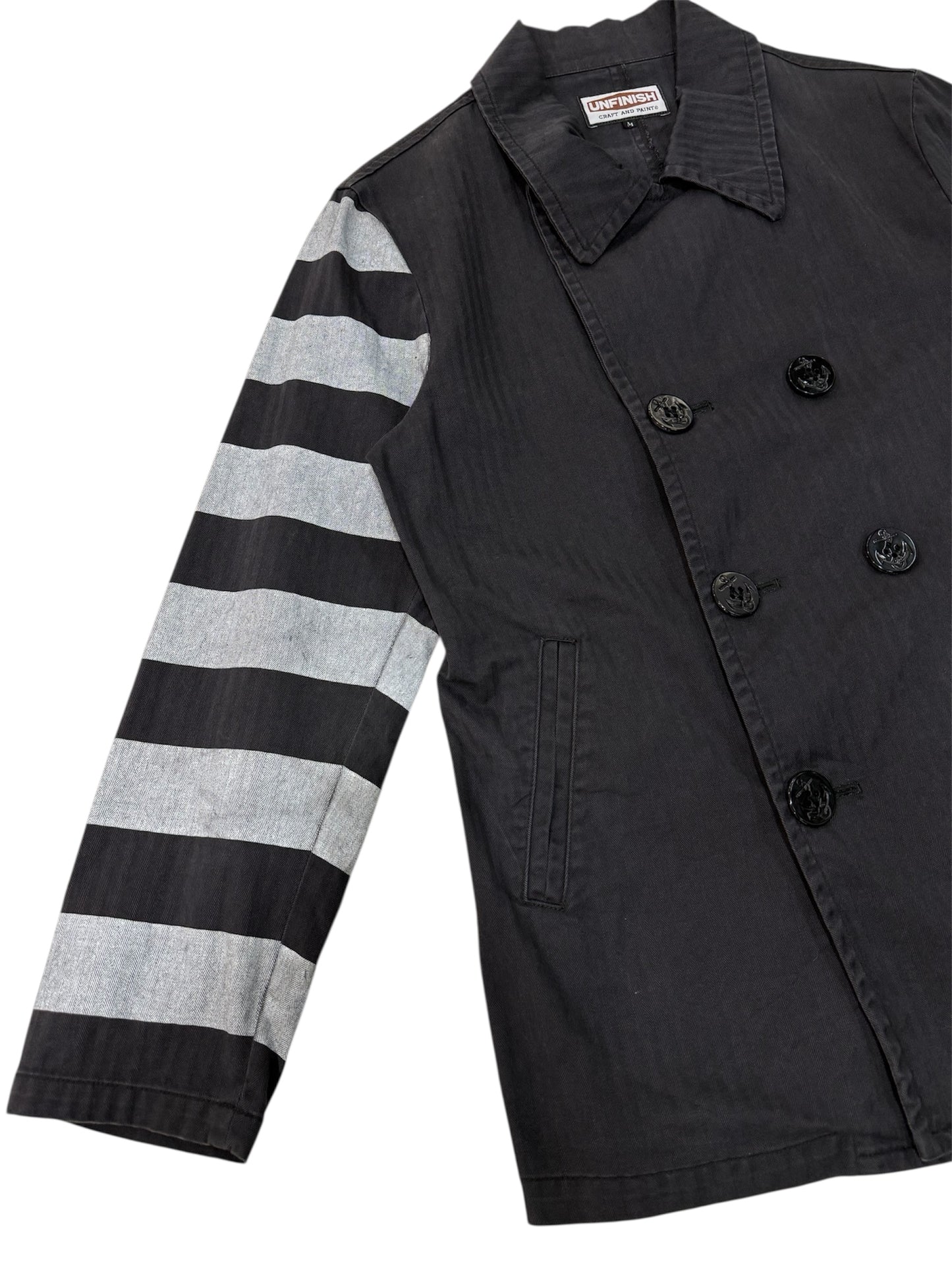 UNFINISH INC. Japan Black Herringbone Double-Breasted Work Jacket – Striped Sleeve Design