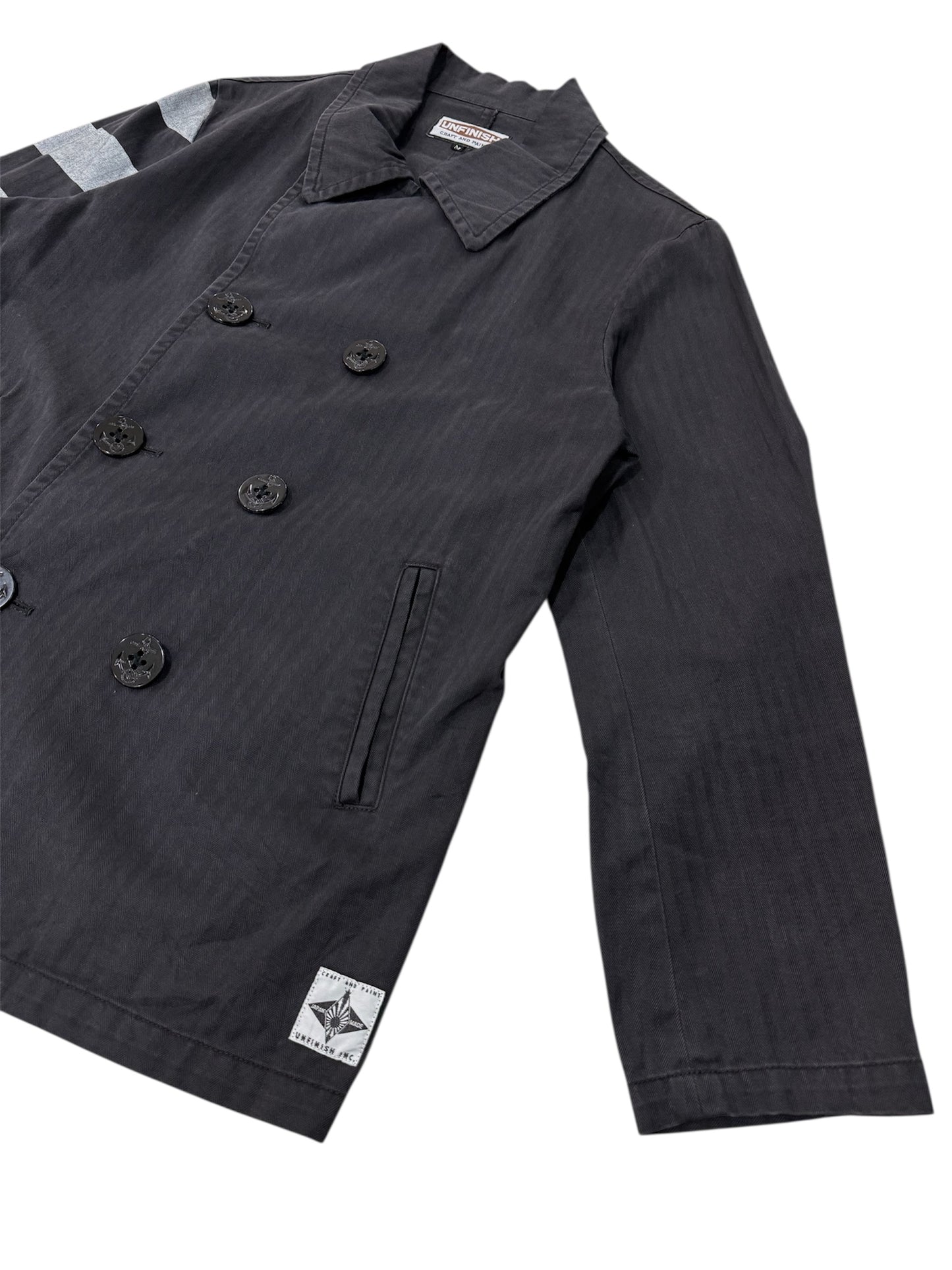 UNFINISH INC. Japan Black Herringbone Double-Breasted Work Jacket – Striped Sleeve Design