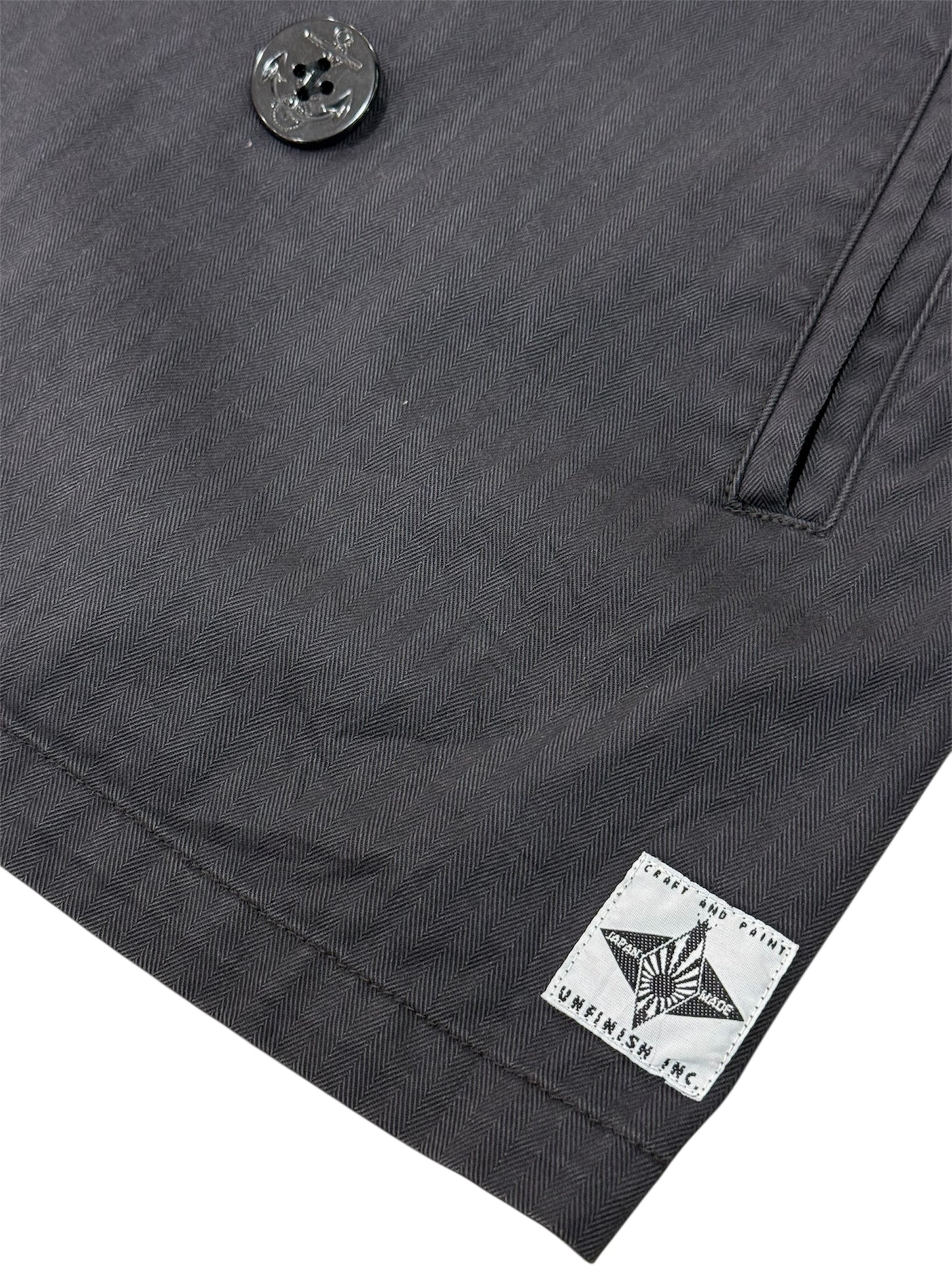 UNFINISH INC. Japan Black Herringbone Double-Breasted Work Jacket – Striped Sleeve Design